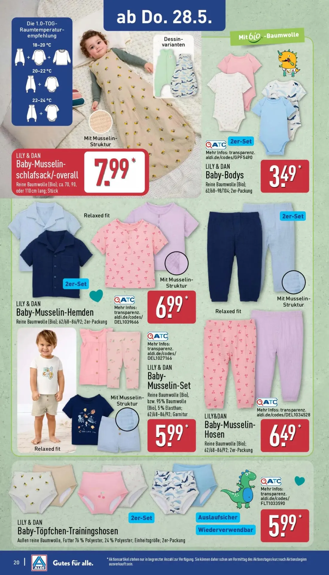 Aldi Nord Prospekt, Seite 20 von 42 — Baby-Musselin-schlafsack/-overall, Baby-Bodys, Baby-Musselin-Hemden
