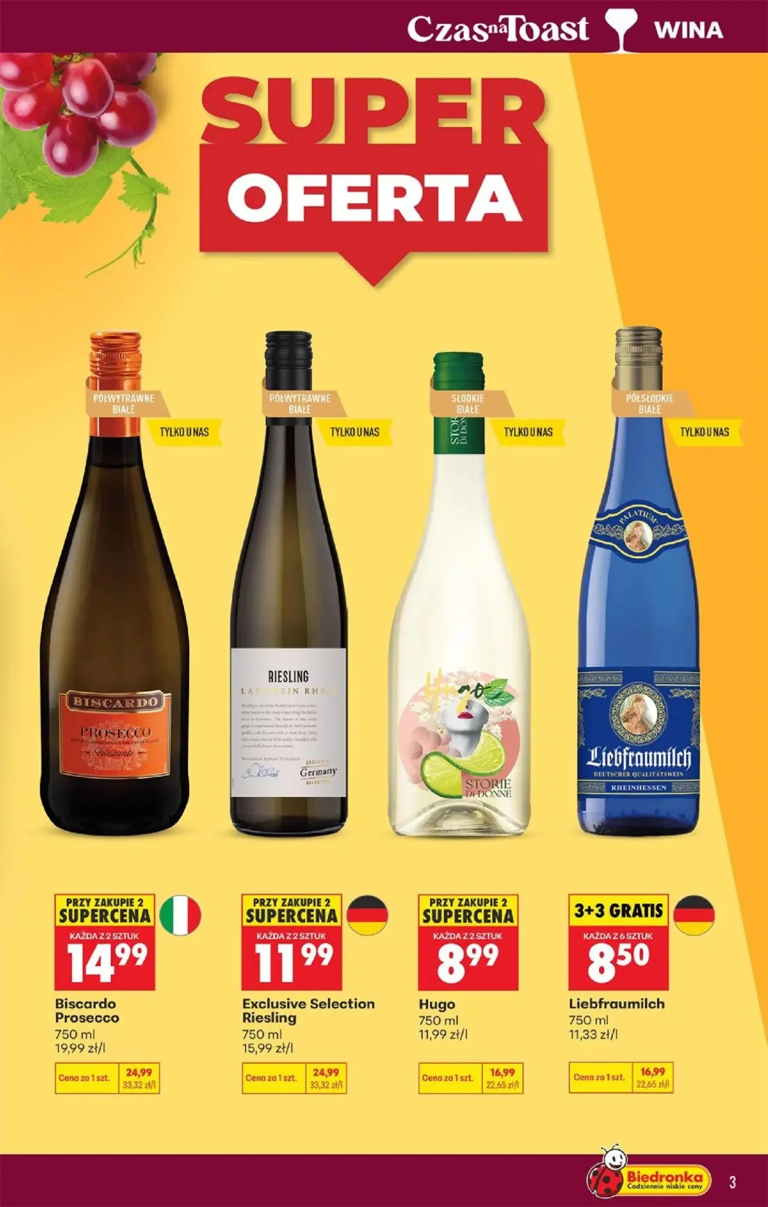 Biedronka gazetka, strona 3 z 36 — Exclusive Selection Riesling, Biscardo Prosecco, Liebfraumilch