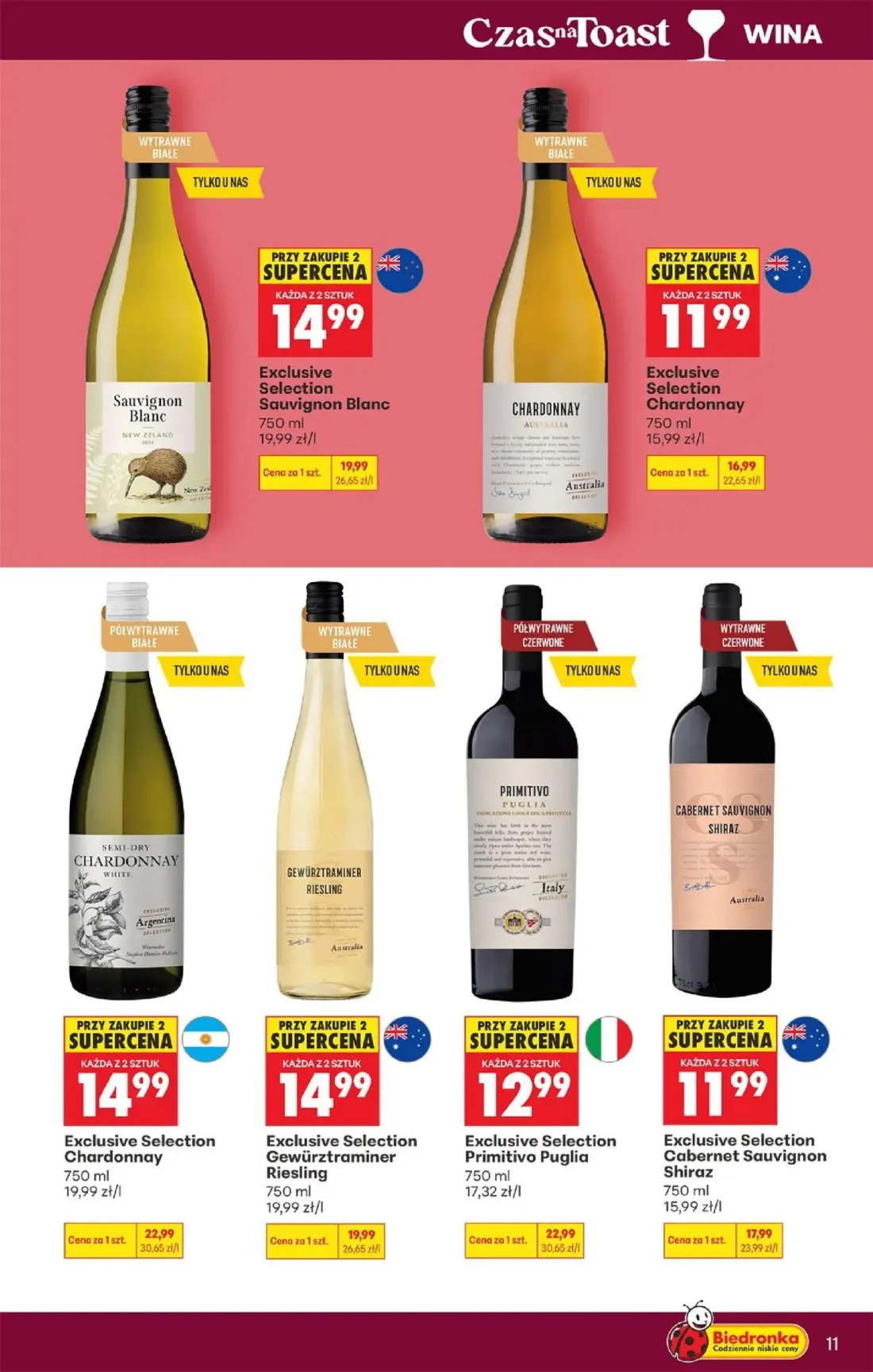 Biedronka gazetka, strona 11 z 36 — Exclusive Selection Primitivo Puglia, Exclusive Selection Chardonnay, Exclusive Selectio…