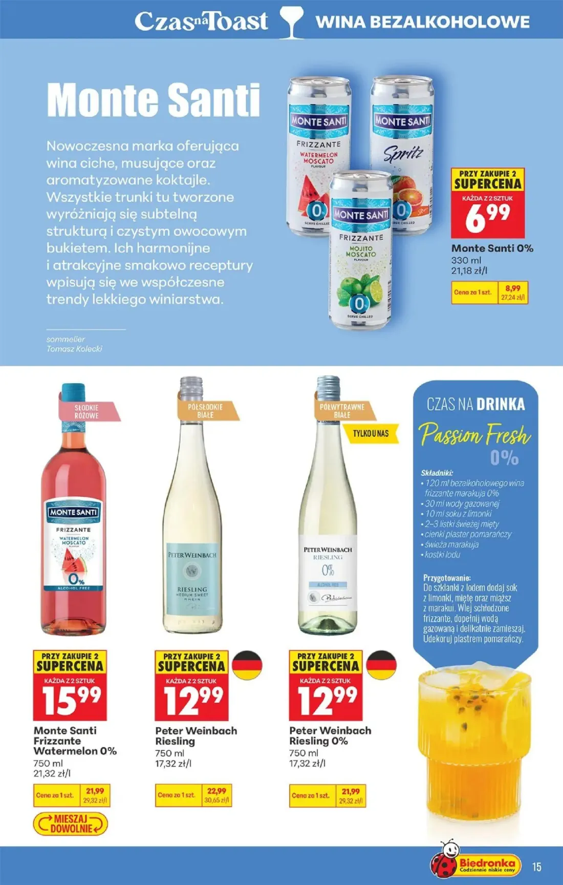 Biedronka gazetka, strona 15 z 36 — Peter Weinbach Riesling, Peter Weinbach Riesling 0%, Monte Santi Frizzante Watermelon 0%