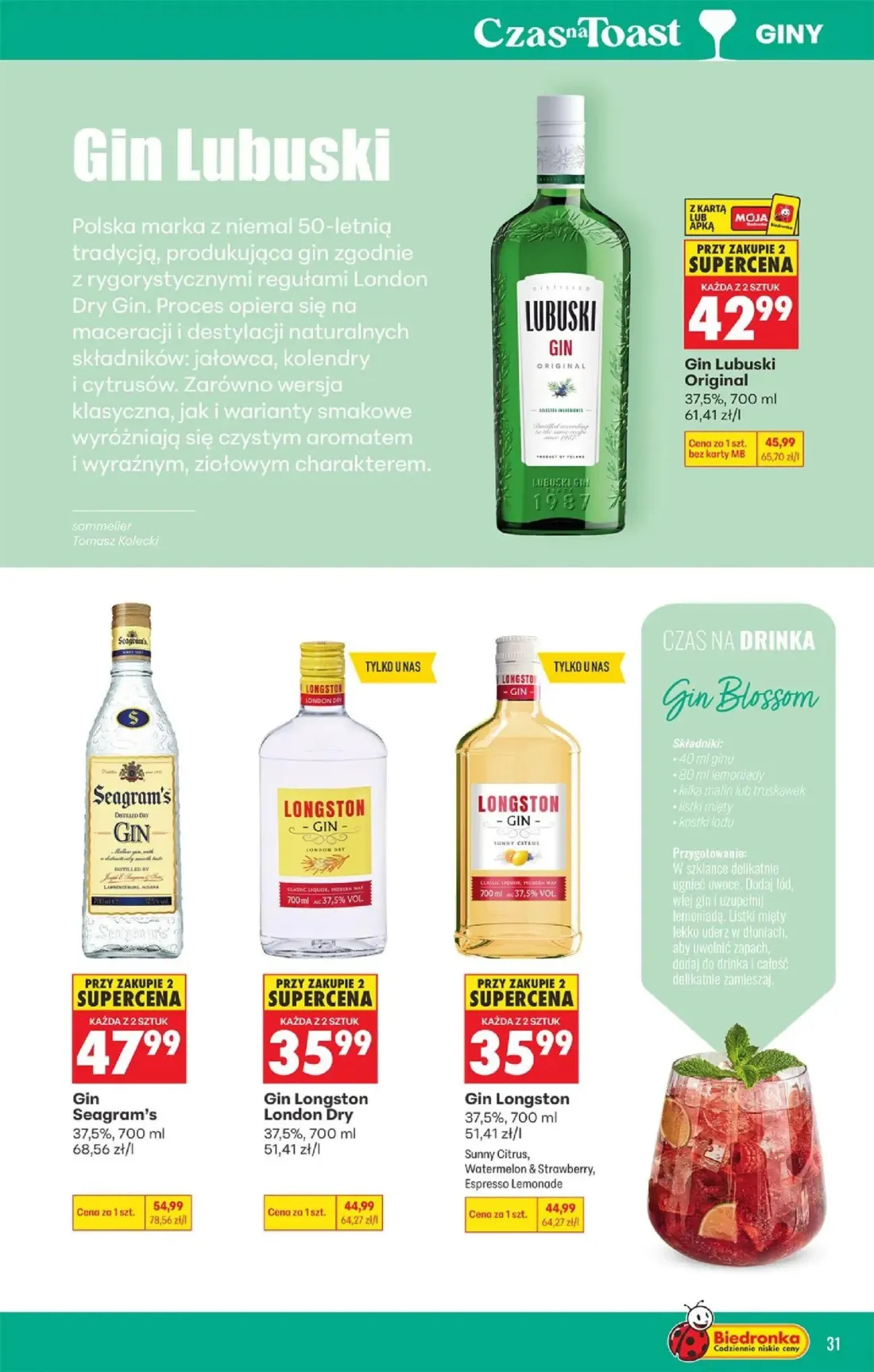 Biedronka gazetka, strona 31 z 36 — Gin Longston London Dry, Gin Longston Sunny Citrus, Watermelon & Strawberry, Espresso Le…