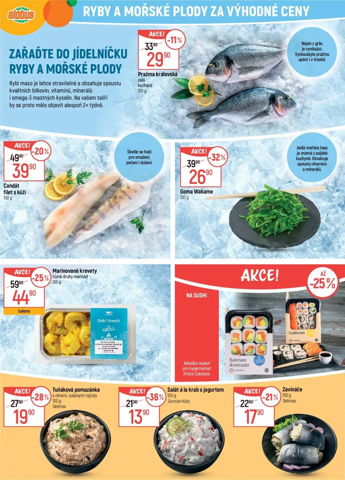 GLOBUS leták, strana 9 z 50 — Marinované krevety, Goma Wakame, Candát filet s kůží