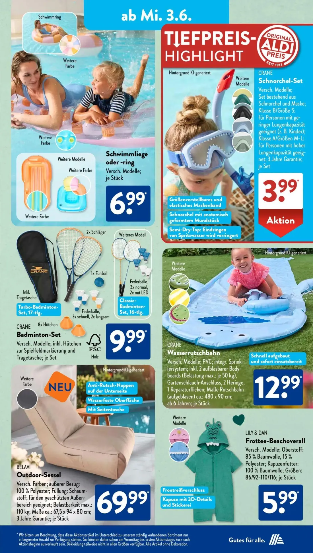 Aldi Süd Prospekt, Seite 7 von 24 — Schwimmliege oder -ring, Schnorchel-Set, Turbo-Badminton-Set