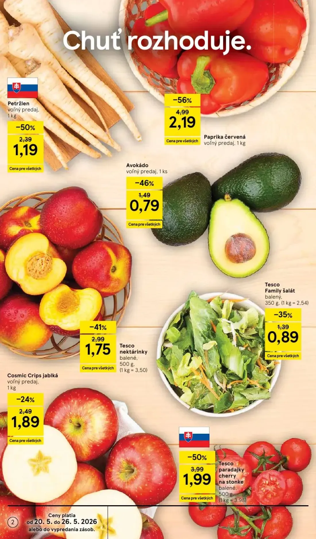 Tesco leták, strana 2 z 49 — Paprika červená, Tesco paradajky cherry na stonke balené, Tesco nektárinky balené