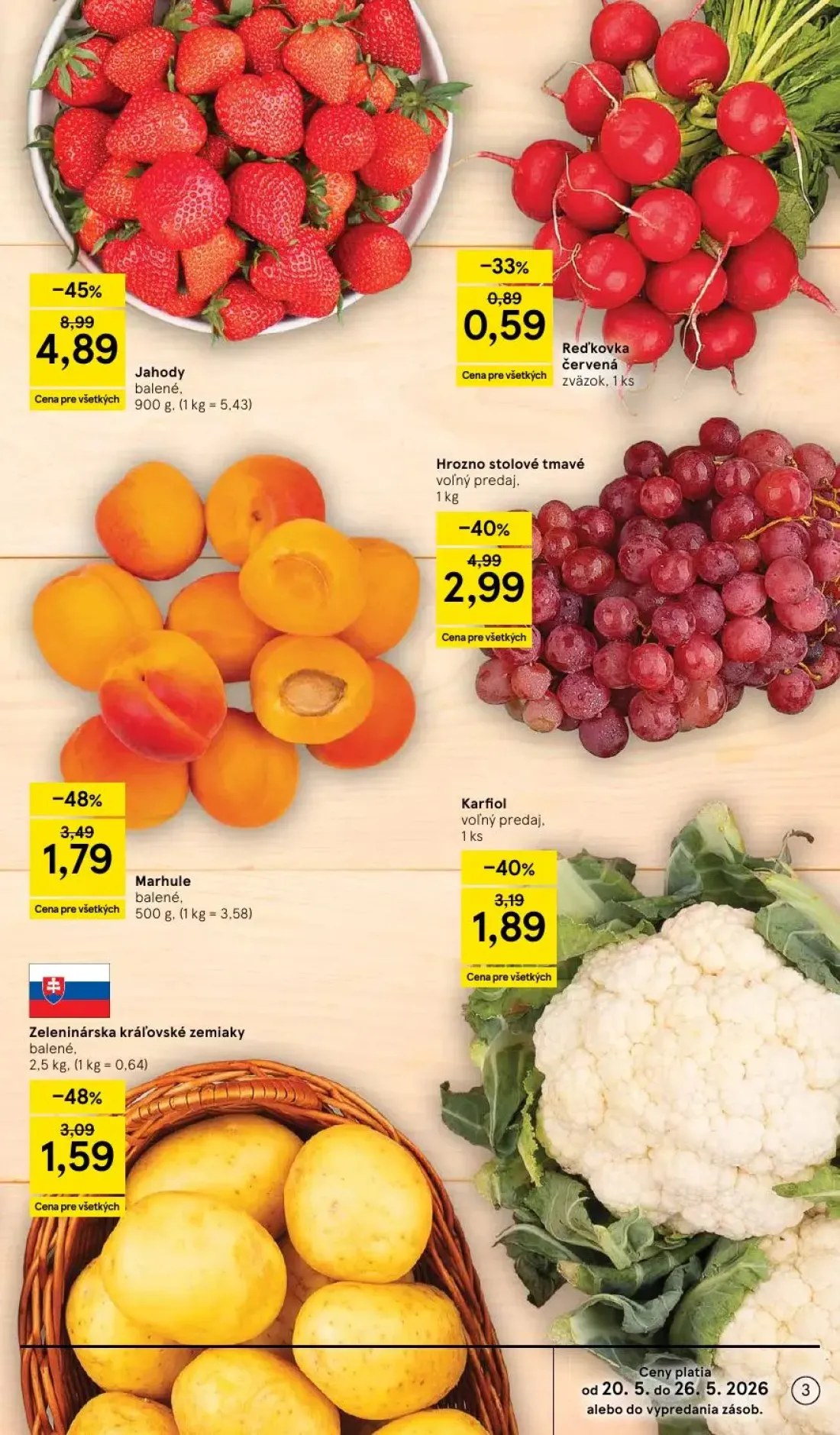 Tesco leták, strana 3 z 49 — Jahody, Hrozno stolové tmavé, Marhule