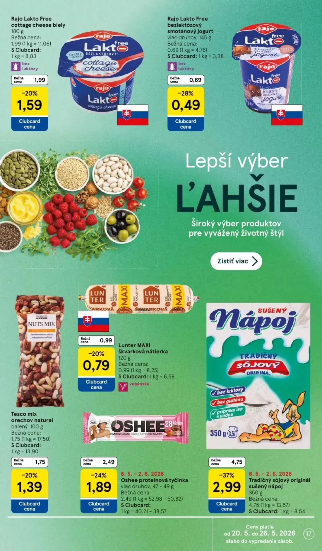 Tesco leták, strana 17 z 49 — Tradičný sójový originál sušený nápoj, Oshee proteínová tyčinka viac druhov, Tesco mix orechov…