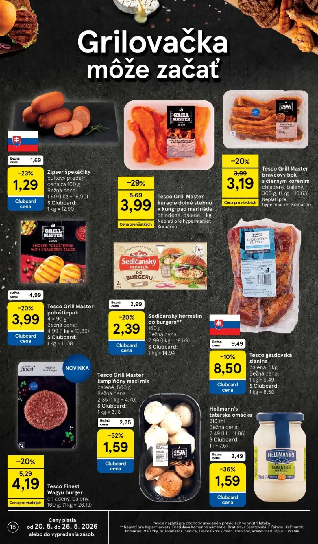 Tesco leták, strana 18 z 49 — Hellmann's tatárska omáčka, Tesco Grill Master bravčový bok s čiernym korením, Tesco Grill Mas…