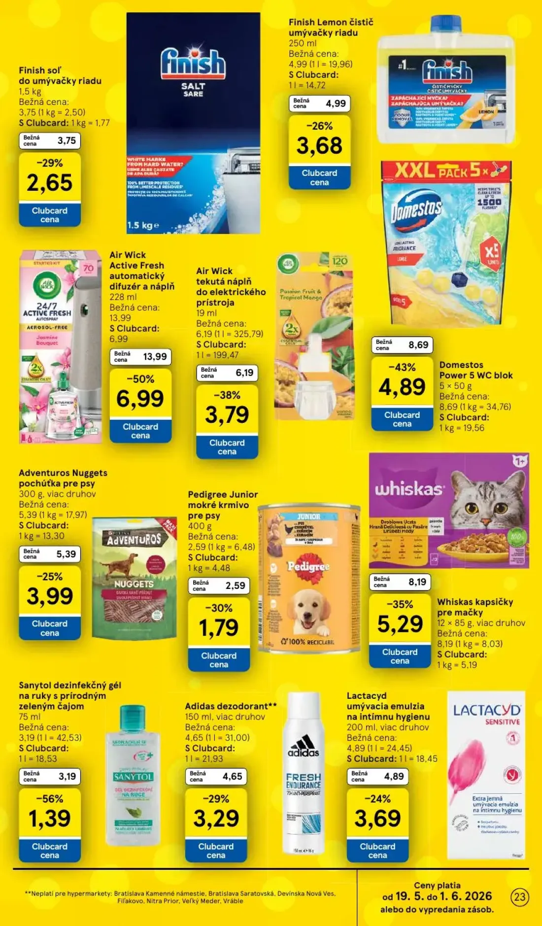 Tesco leták, strana 23 z 49 — Domestos Power 5 WC blok, Finish Lemon čistič umývačky riadu, Finish soľ do umývačky riadu