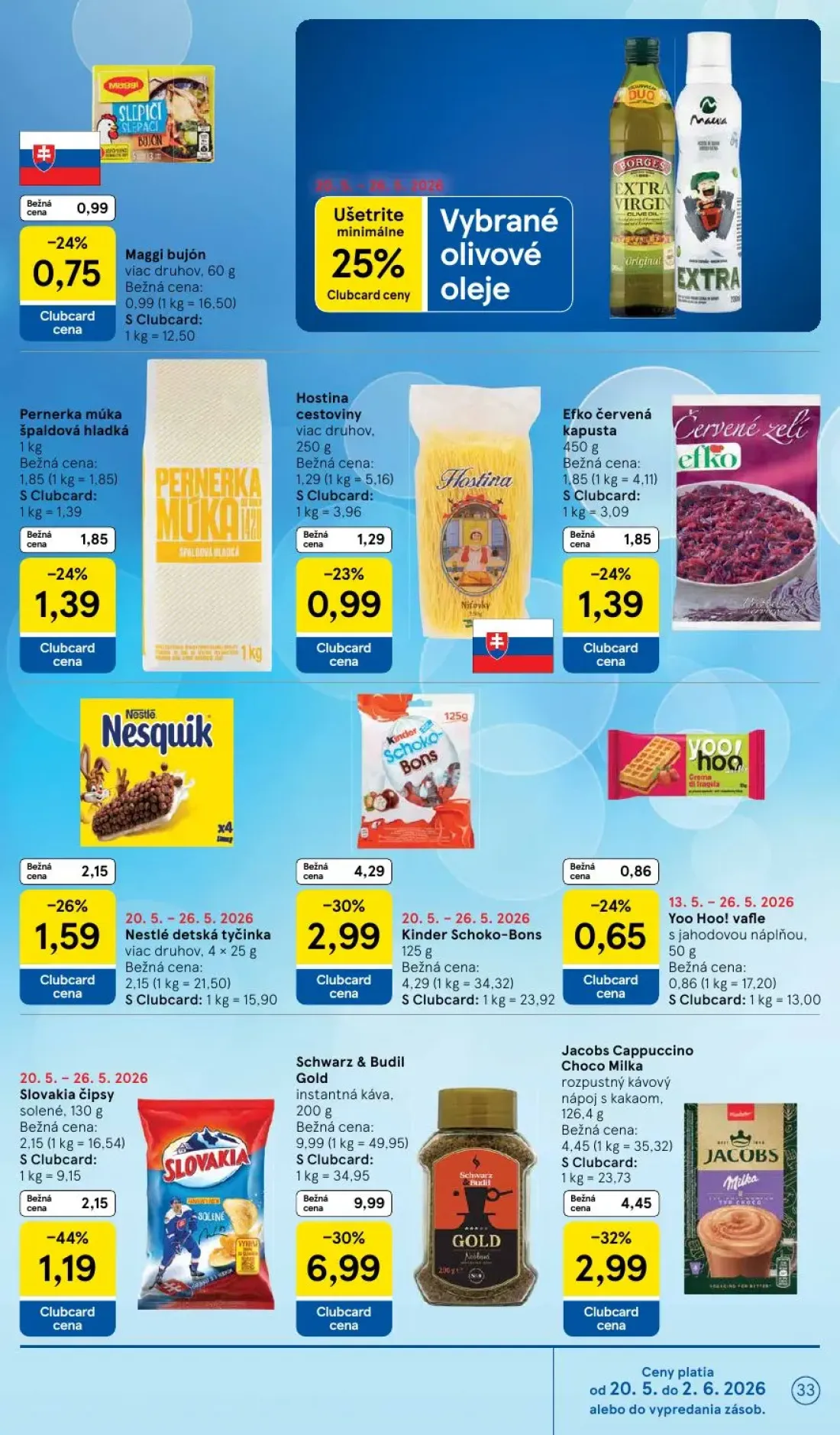 Tesco leták, strana 33 z 49 — Jacobs Cappuccino Choco Milka rozpustný kávový nápoj s kakaom, Slovakia čipsy solené, Efko čer…