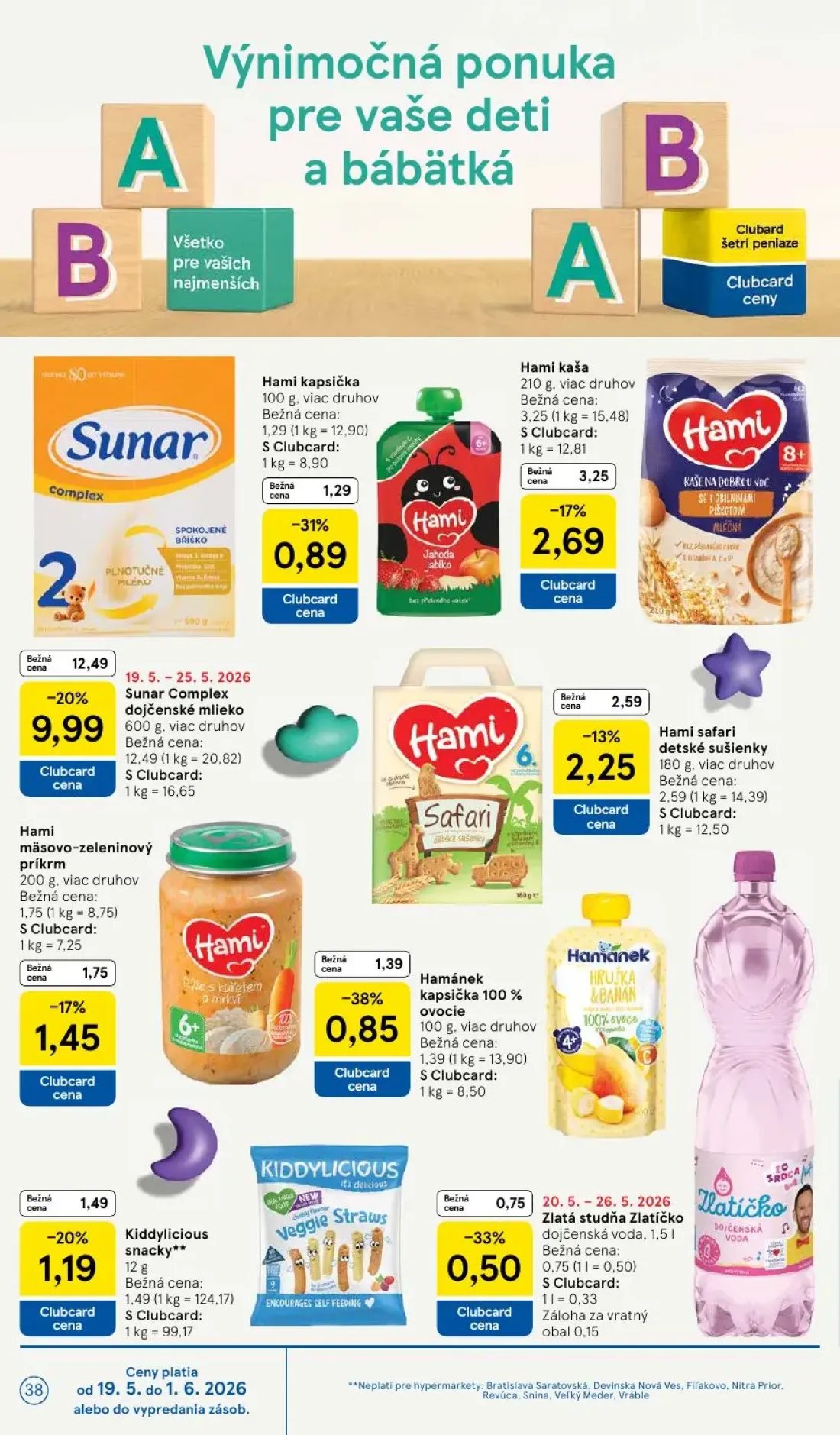 Tesco leták, strana 38 z 49 — Sunar Complex dojčenské mlieko, Hamánek kapsička 100% ovocie HRUŠKA & BANAN, Hami kapsička Jah…