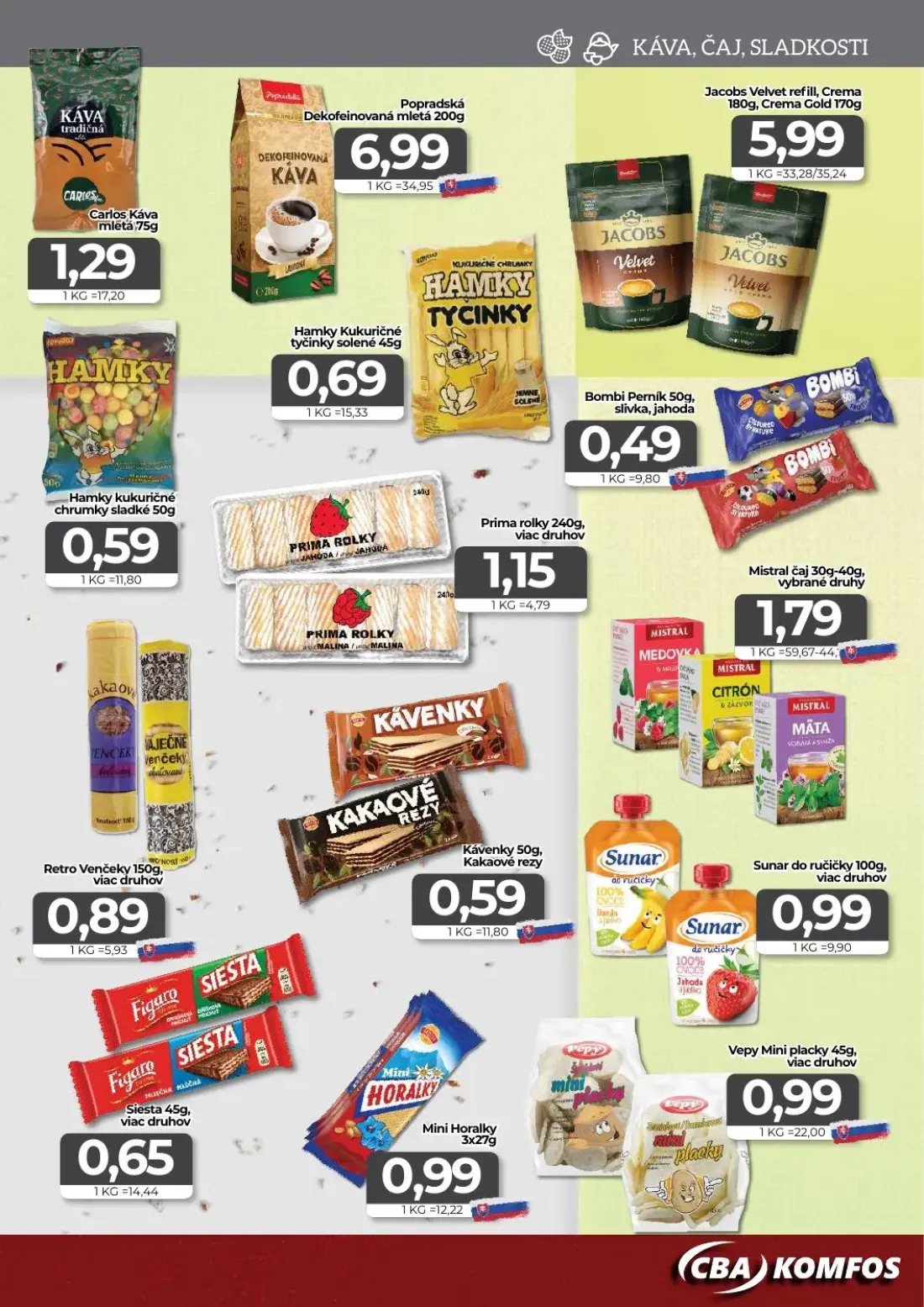 Cba Komfos leták, strana 9 z 16 — Carlos Káva mletá, Popradská Dekofeinovaná mletá, Jacobs Velvet refill, Crema 180g, Crema …
