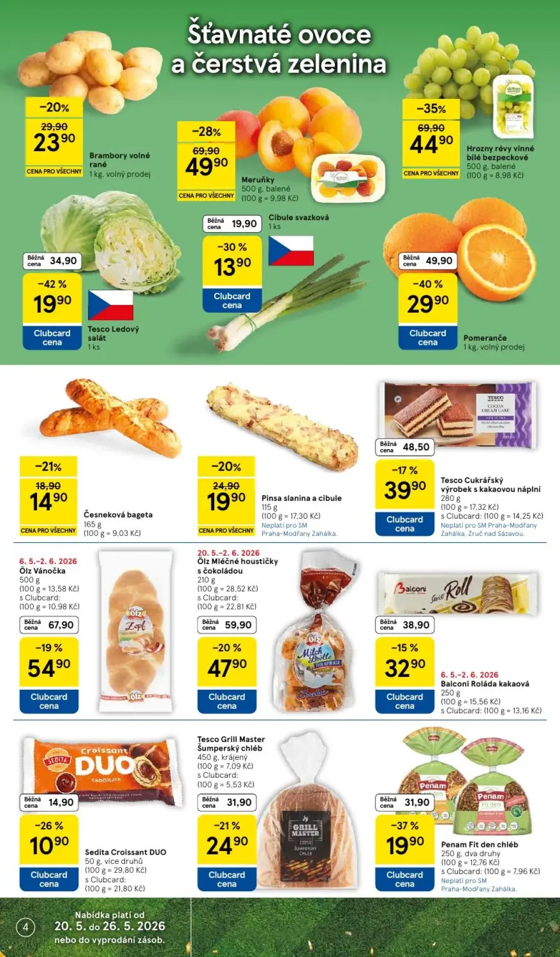 Tesco Supermarket leták, strana 4 z 10 — Hrozny révy vinné bílé bezpeckové, Meruňky, Pomeranče