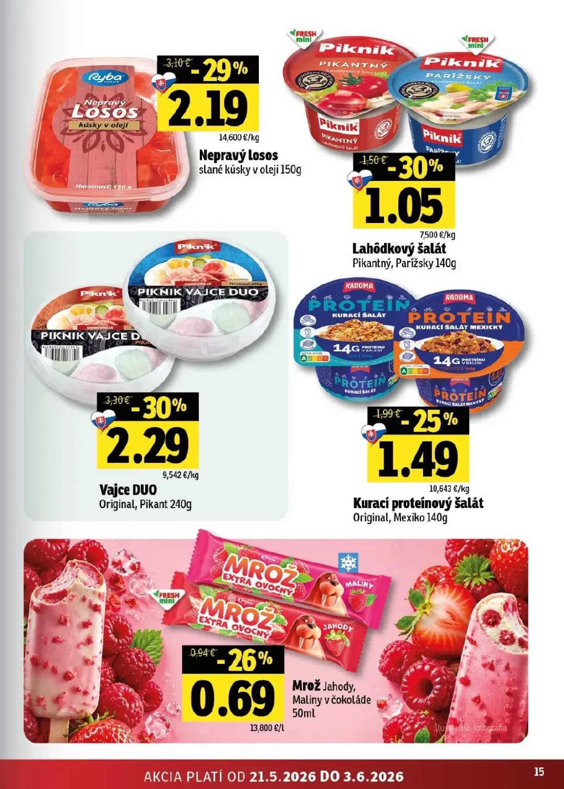 Fresh - západ leták, strana 15 z 42 — Vajce DUO Original, Pikant, Nepravý losos slané kúsky v oleji, Kurací proteínový šalát…