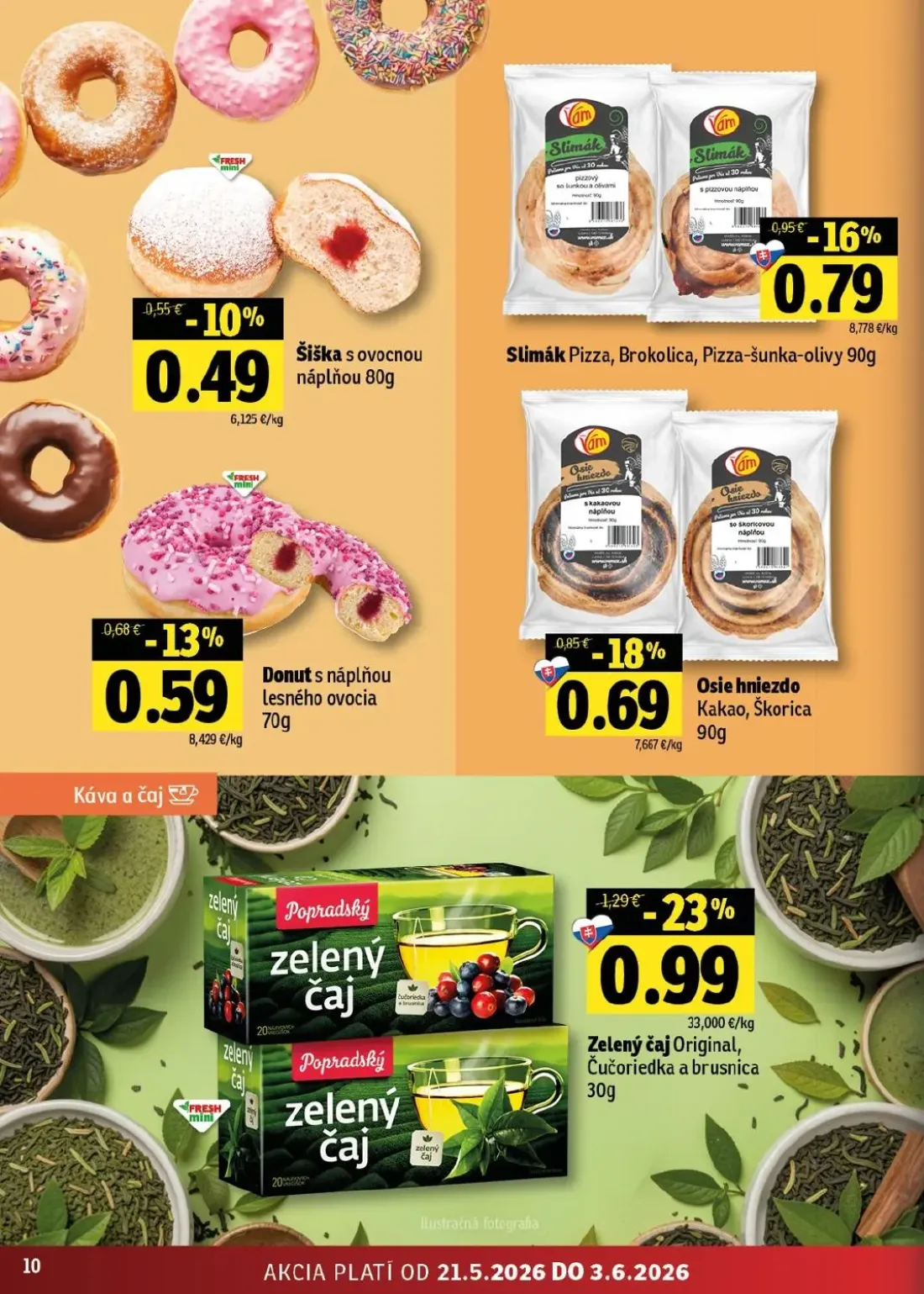 Fresh východ leták, strana 10 z 46 — Slimák Pizza, Brokolica, Pizza-šunka-olivy, Osie hniezdo Kakao, Skorica, Donut s náplňo…