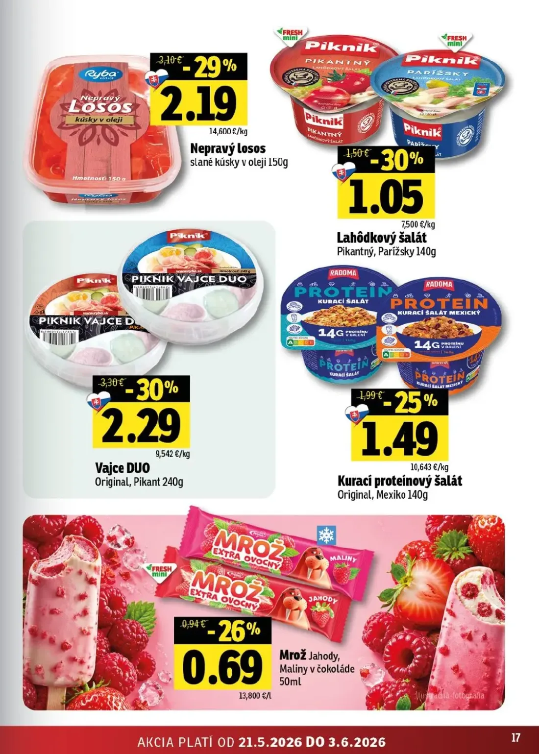 Fresh východ leták, strana 17 z 46 — Vajce DUO Original, Pikant, Nepravý losos, Kurací proteínový šalát Original, Mexiko