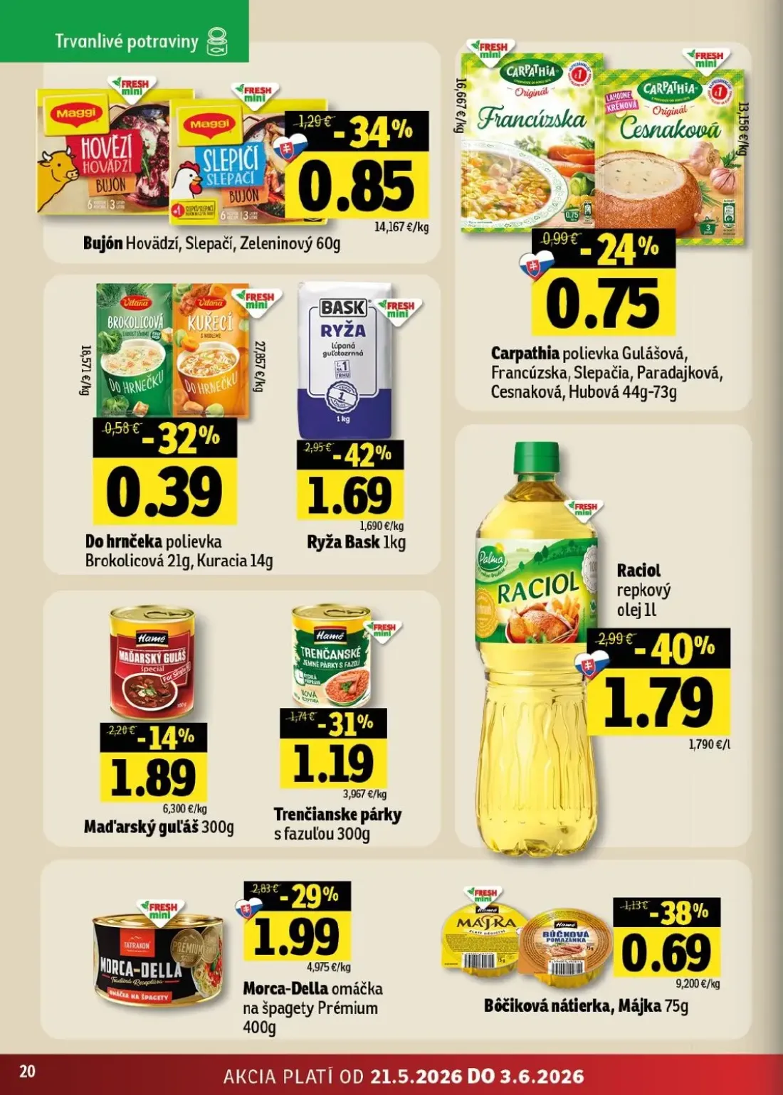 Fresh východ leták, strana 20 z 46 — Ryža Bask, Raciol repkový olej, Bujón Hovädzí, Slepačí, Zeleninový
