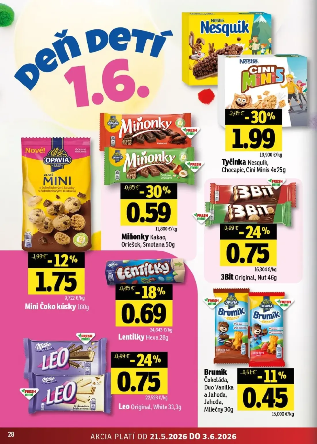 Fresh východ leták, strana 28 z 46 — Tyčinka Nesquik, Chocapic, Cini Minis, Miňonky Kakao, Oriešok, Smotana, Mini Čoko kúsky