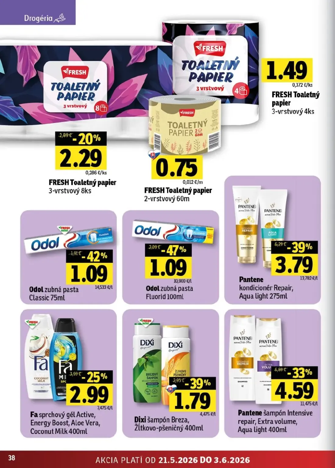 Fresh východ leták, strana 38 z 46 — Pantene kondicionér Repair, Aqua light, Pantene šampón Intensive repair, Extra volume, …