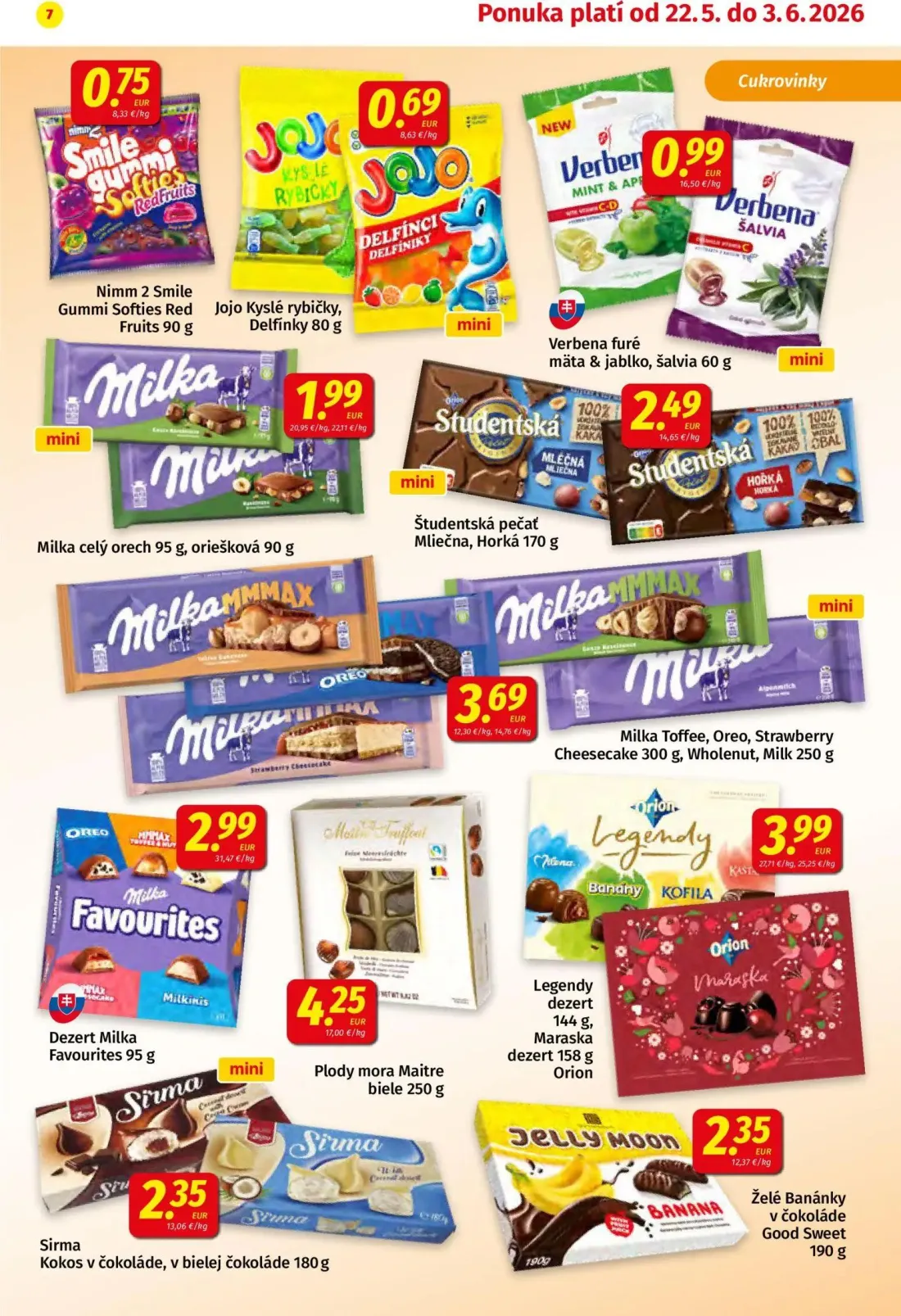 Koruna leták, strana 7 z 24 — Milka celý orech, Študentská pečať Mliečna, Horká, Milka Oreo, Strawberry Cheesecake