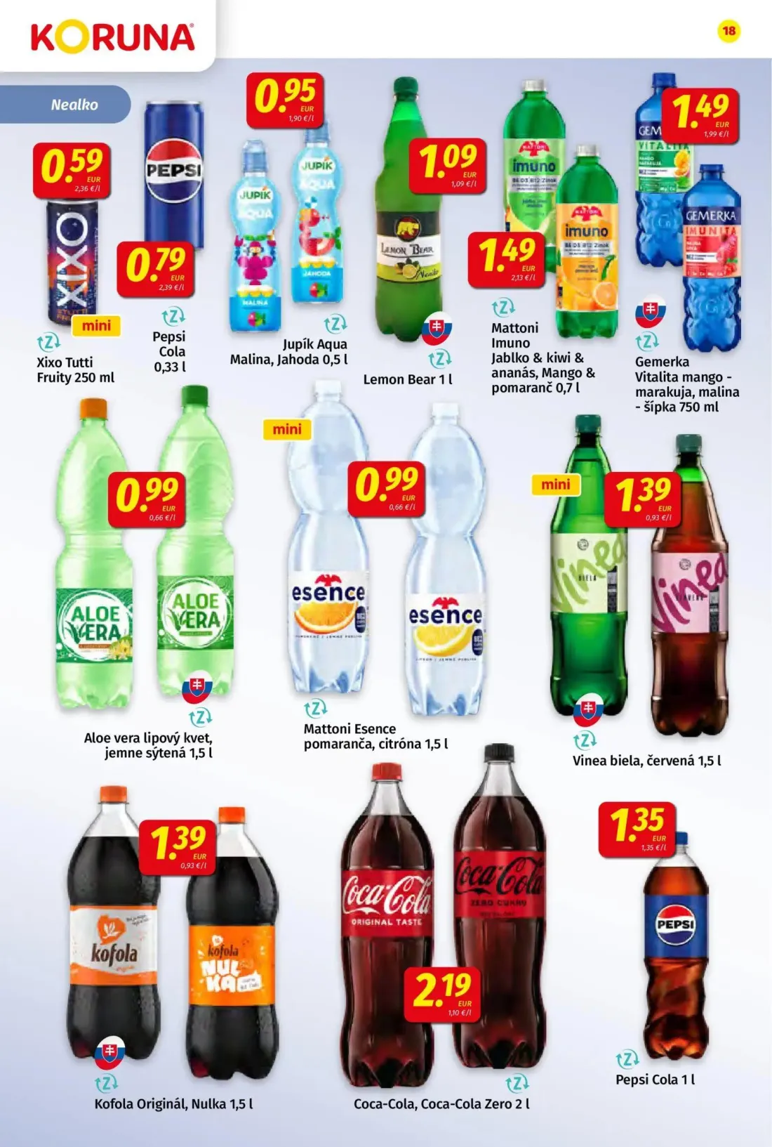Koruna leták, strana 18 z 24 — Xixo Tutti Fruity, Pepsi Cola, Kofola Originál, Nulka