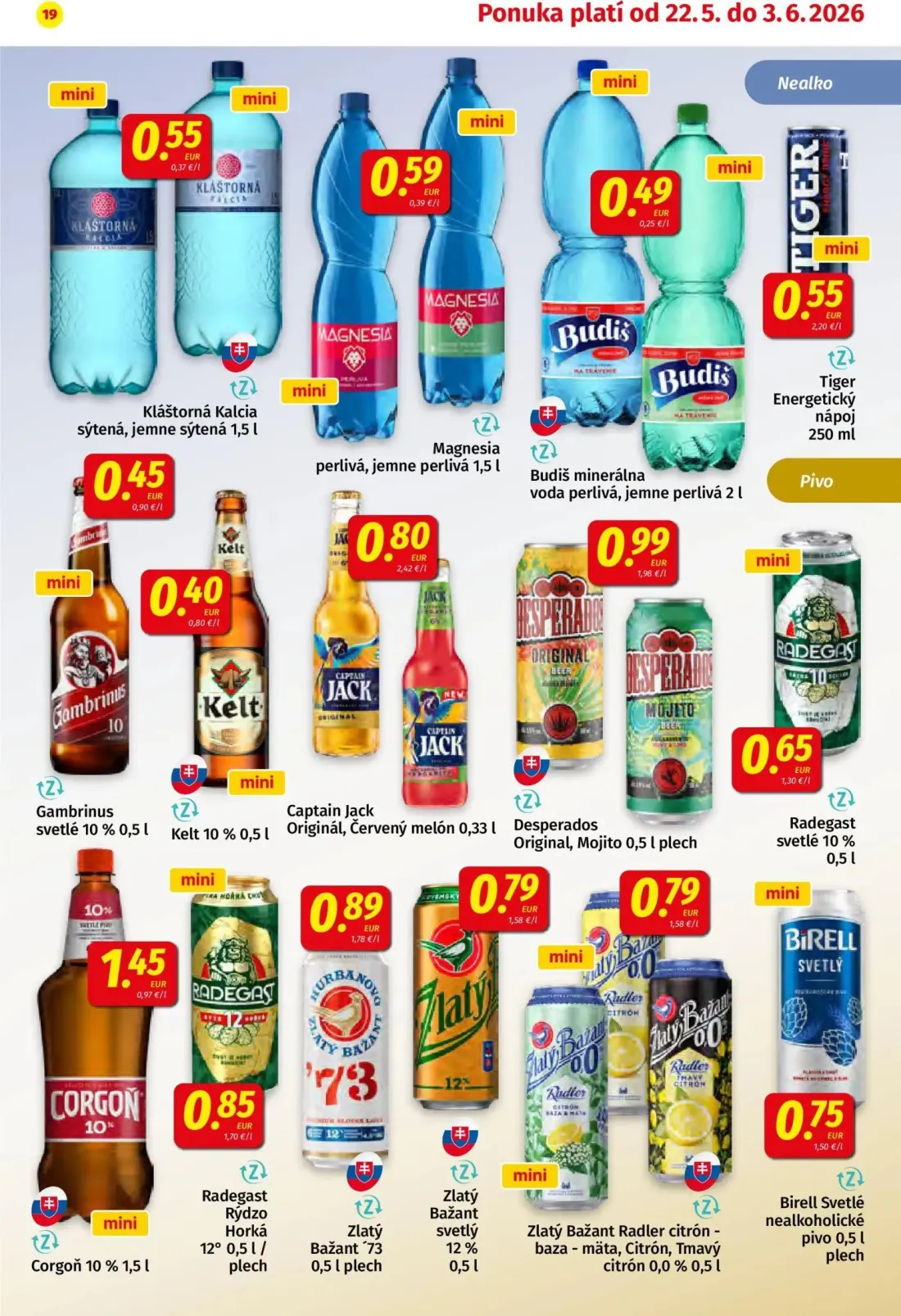 Koruna leták, strana 19 z 24 — Budiš minerálna voda perlivá, jemne perlivá, Gambrinus svetlé 10 %, Kelt 10 %