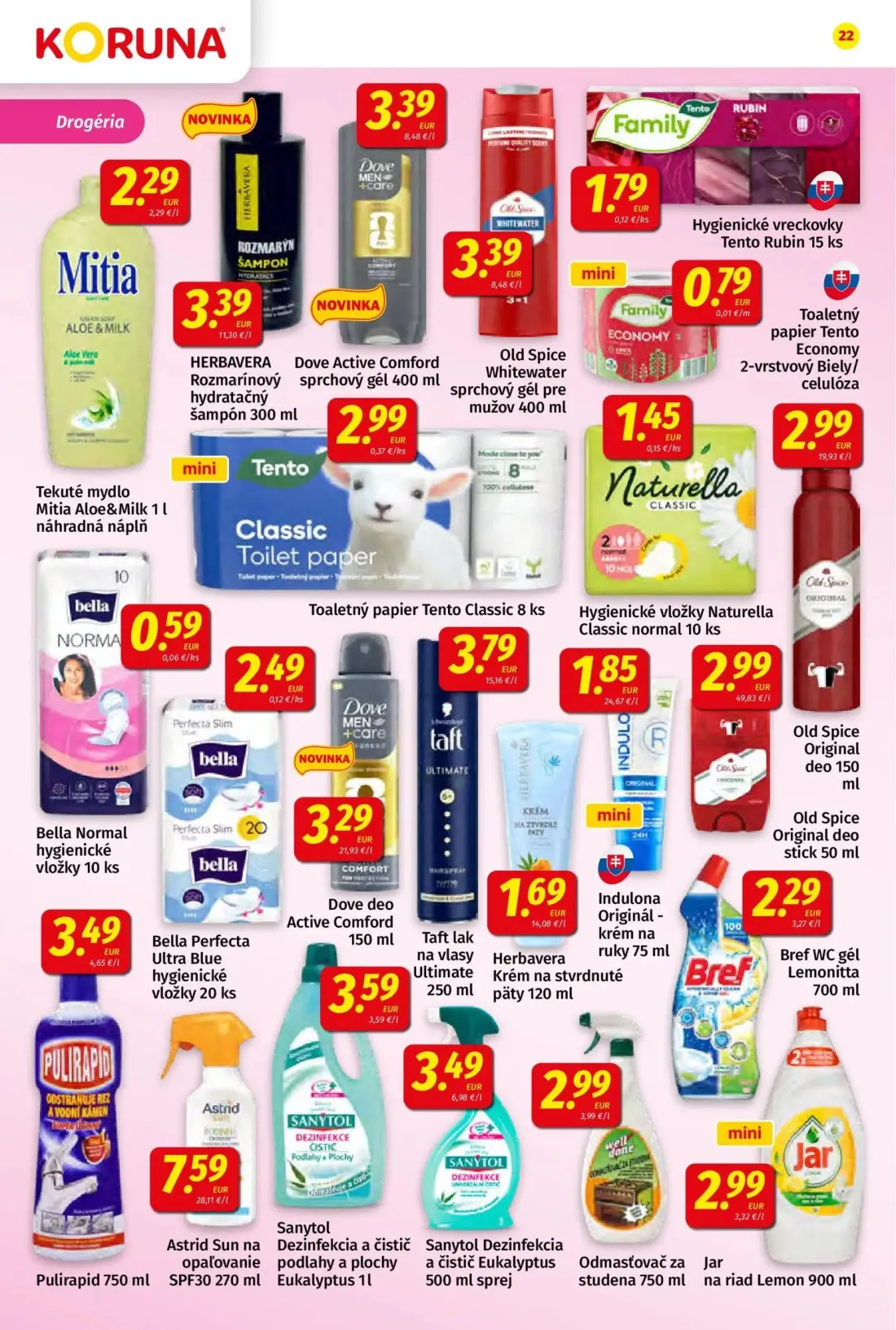 Koruna leták, strana 22 z 24 — Tekuté mydlo Mitia Aloe&Milk 1 l náhradná náplň, HERBAVERA Rozmarínový hydratačný šampón 300 …