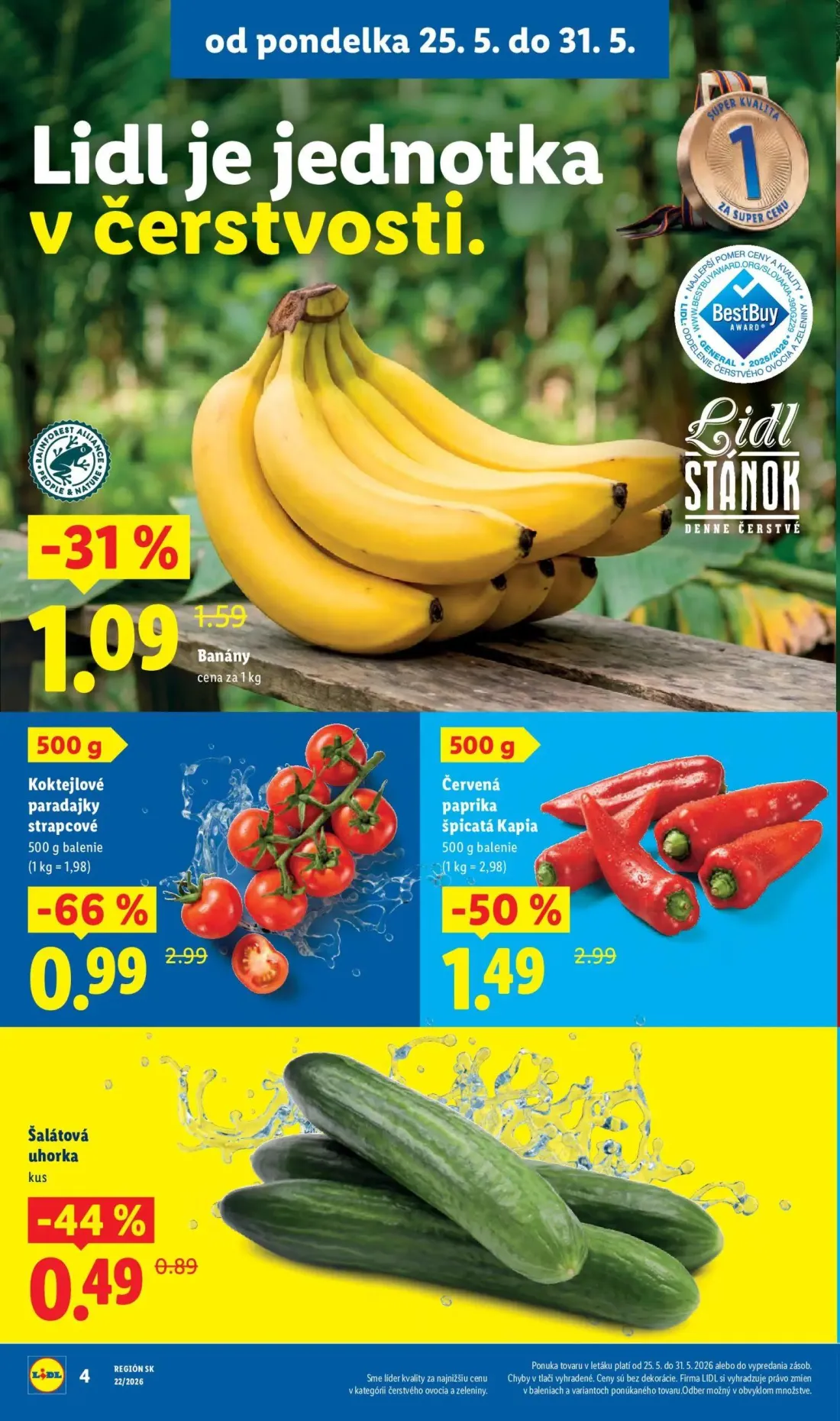Lidl leták, strana 4 z 109 — Koktejlové paradajky strapcové, Červená paprika špicatá Kapia, Banány