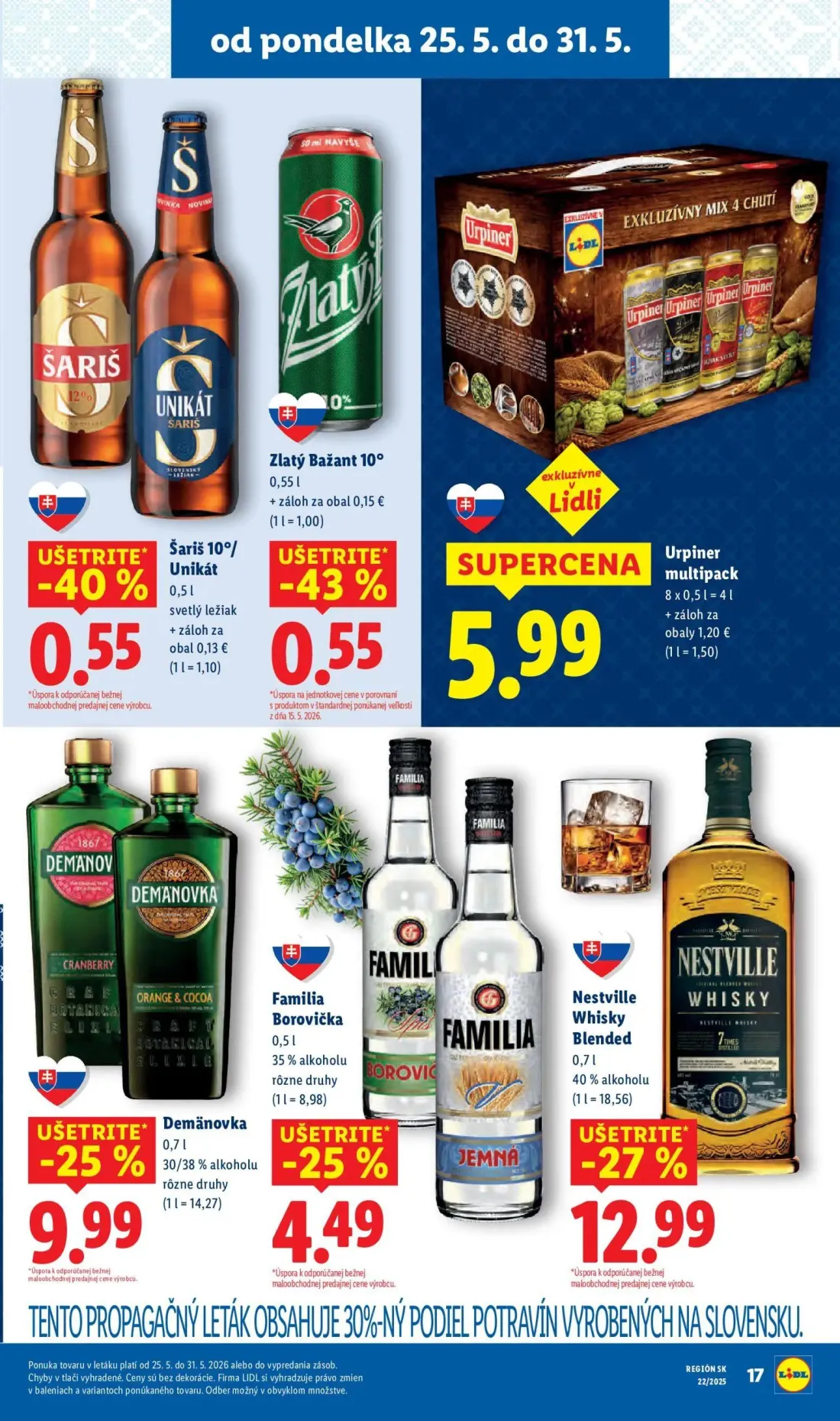 Lidl leták, strana 23 z 109 — Šariš 10°/ Unikát, Zlatý Bažant 10°, Urpiner multipack