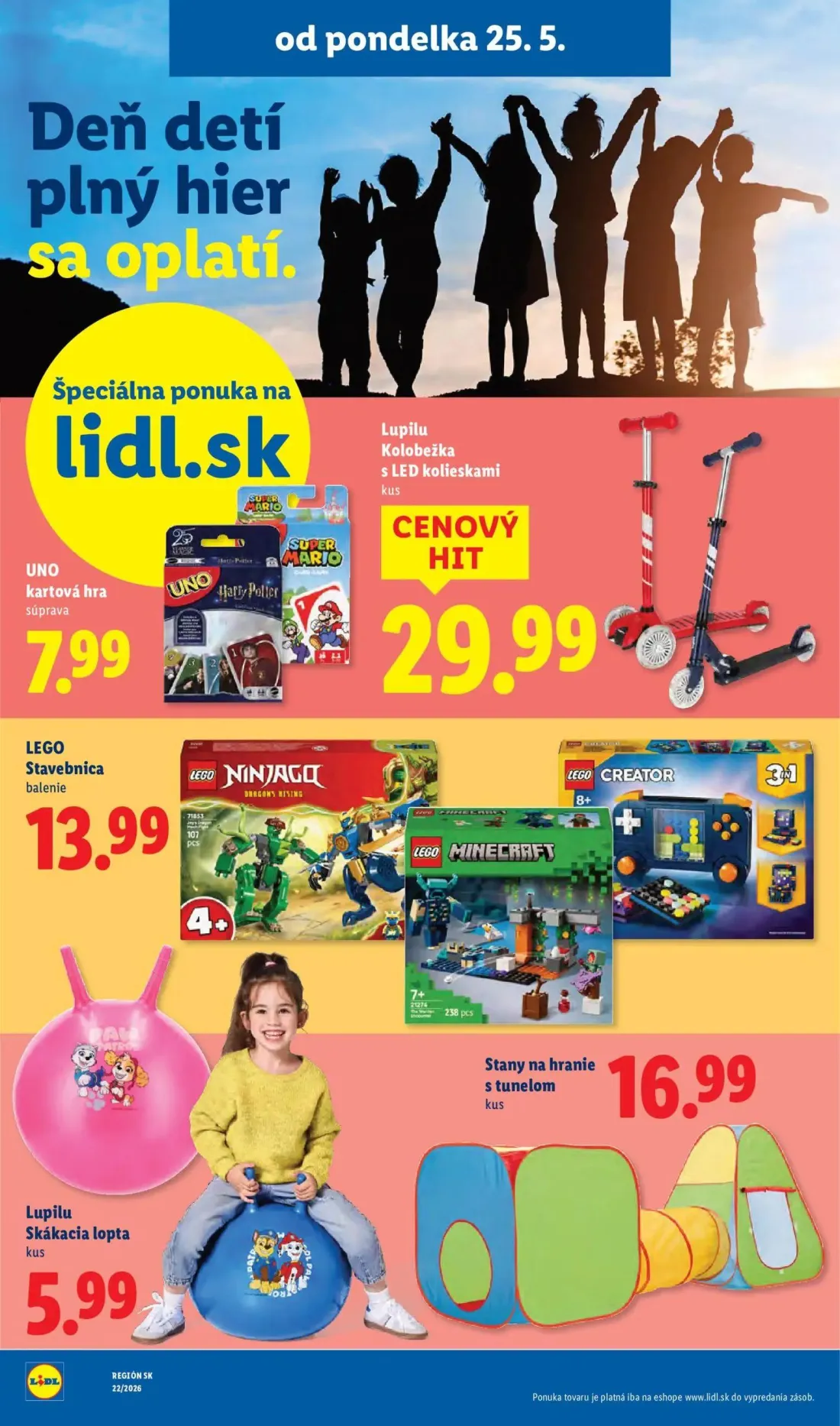 Lidl leták, strana 28 z 109 — UNO kartová hra, Lupilu Kolobežka s LED kolieskami, LEGO Stavebnica