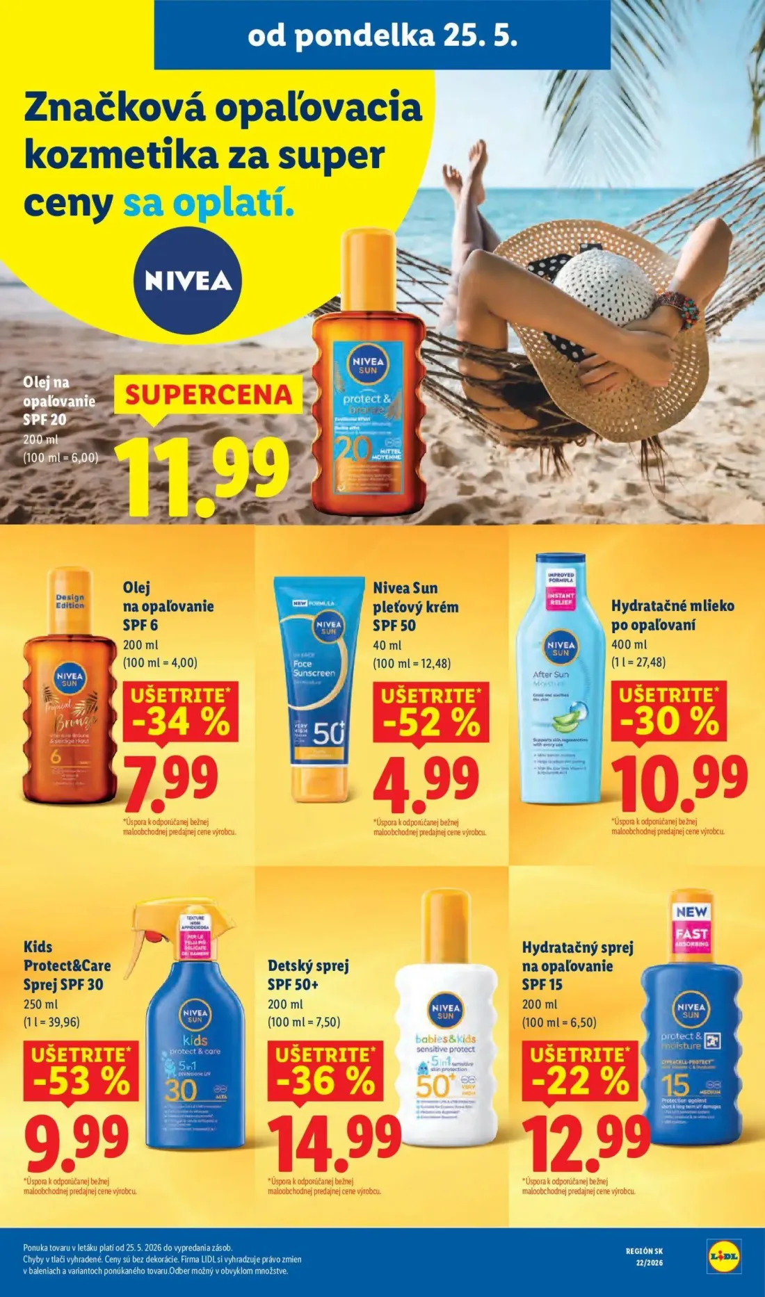 Lidl leták, strana 63 z 109 — Olej na opaľovanie SPF 20, Olej na opaľovanie SPF 6, Nivea Sun pleťový krém SPF 50