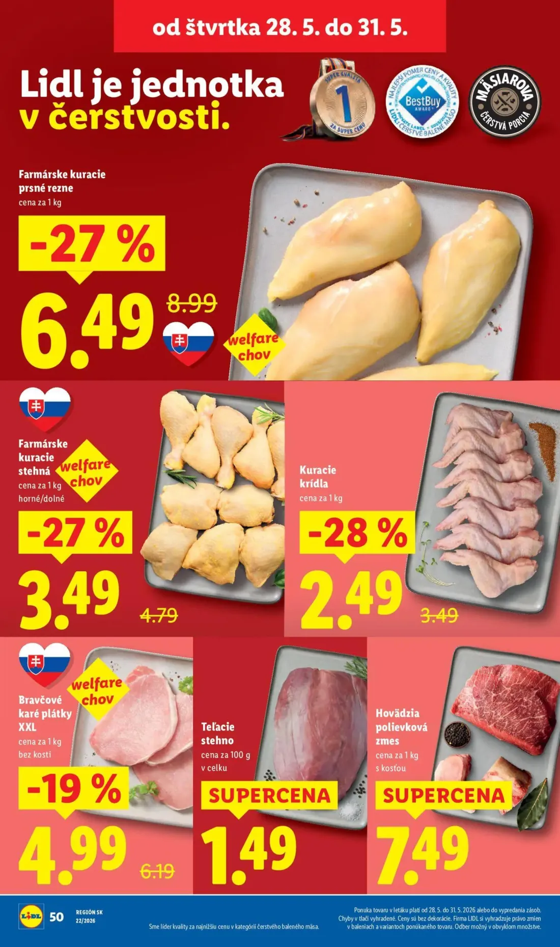 Lidl leták, strana 69 z 109 — Farmárske kuracie prsné rezne, Farmárske kuracie stehná horné/dolné, Bravčové karé plátky XXL …