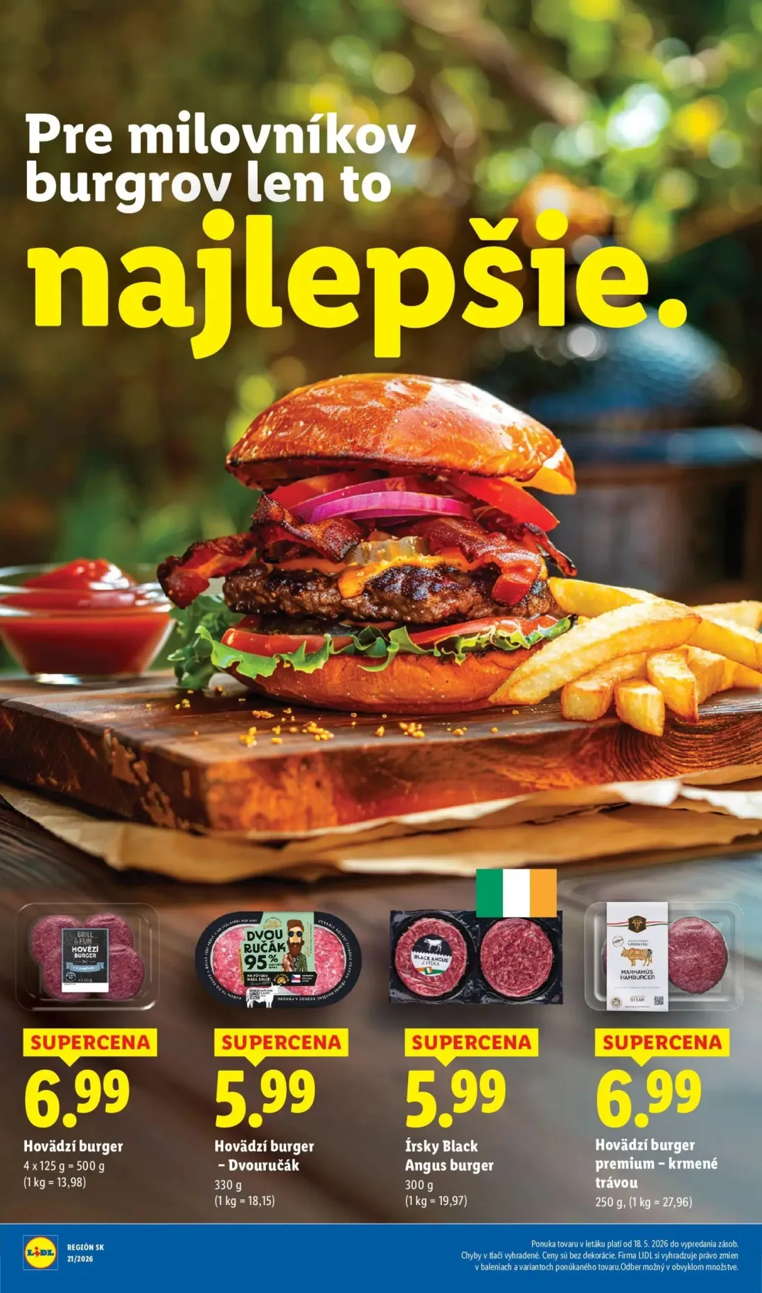 Lidl leták, strana 71 z 109 — Hovädzí burger, Hovädzí burger - Dvouručák, Írsky Black Angus burger