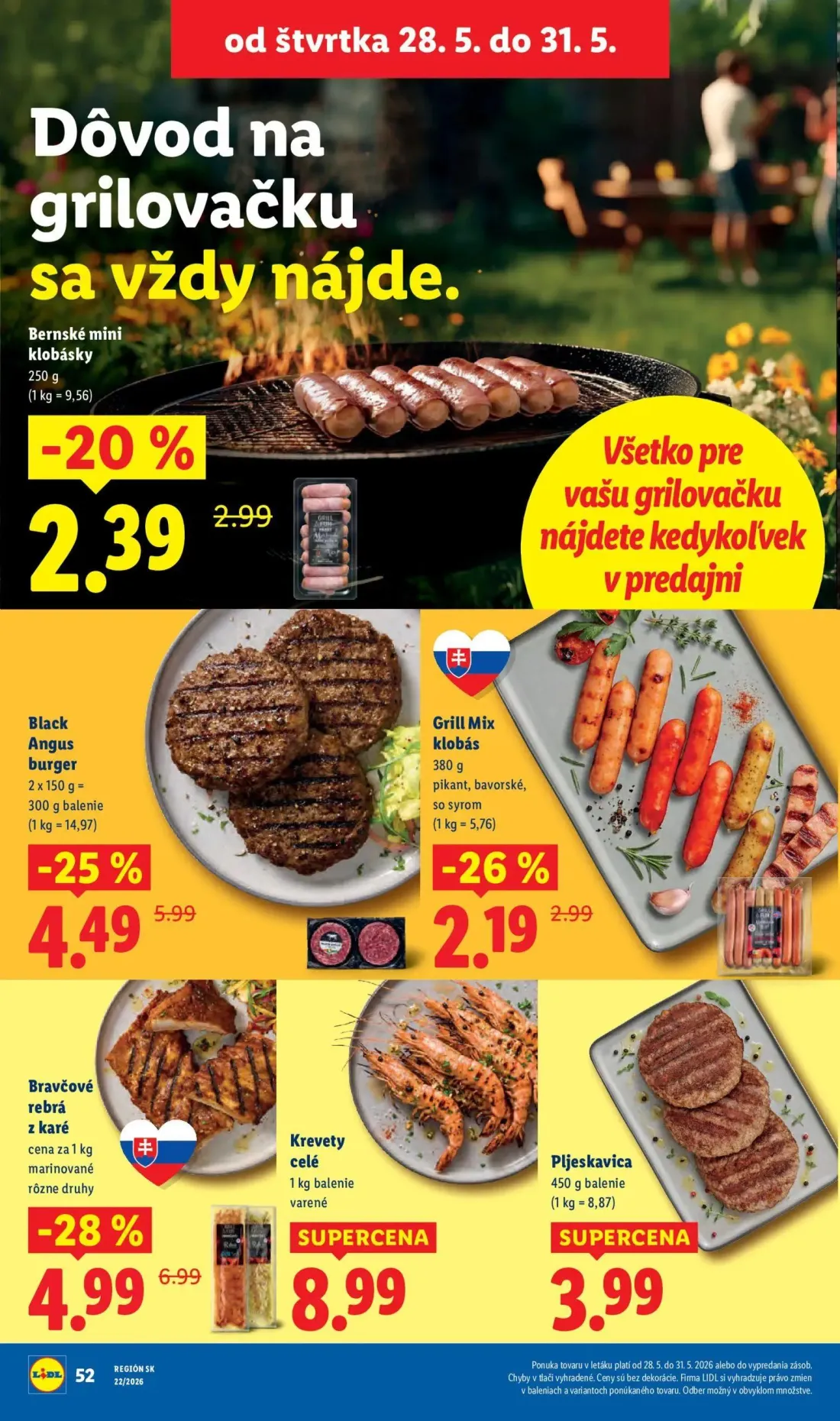 Lidl leták, strana 72 z 109 — Bravčové rebrá z karé, Black Angus burger, Grill Mix klobás
