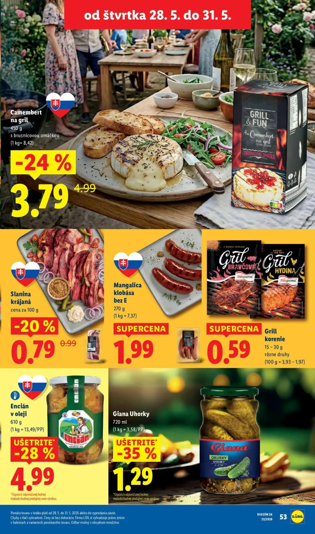Lidl leták, strana 73 z 109 — Camembert na gril, Slanina krájaná, Mangalica klobása bez E