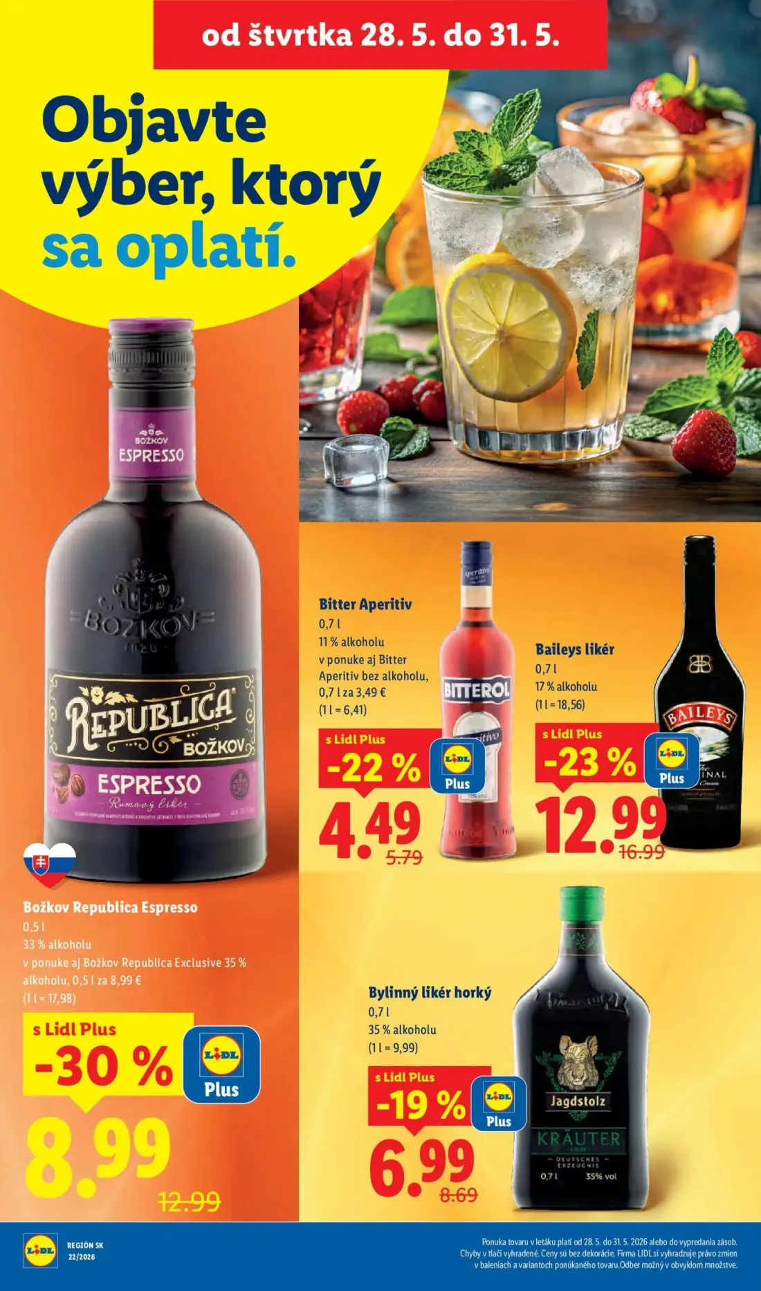 Lidl leták, strana 76 z 109 — Baileys likér, Božkov Republica Espresso, Bylinný likér horký Jagdstolz