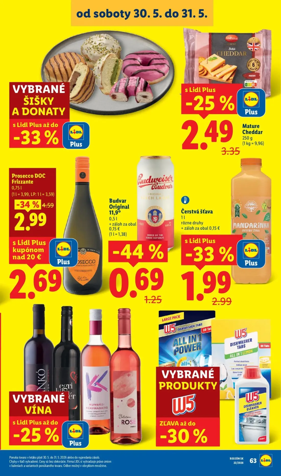 Lidl leták, strana 105 z 109 — Prosecco DOC Frizzante, Čerstvá šťava MANDARINKA, Budvar Original 11,9°