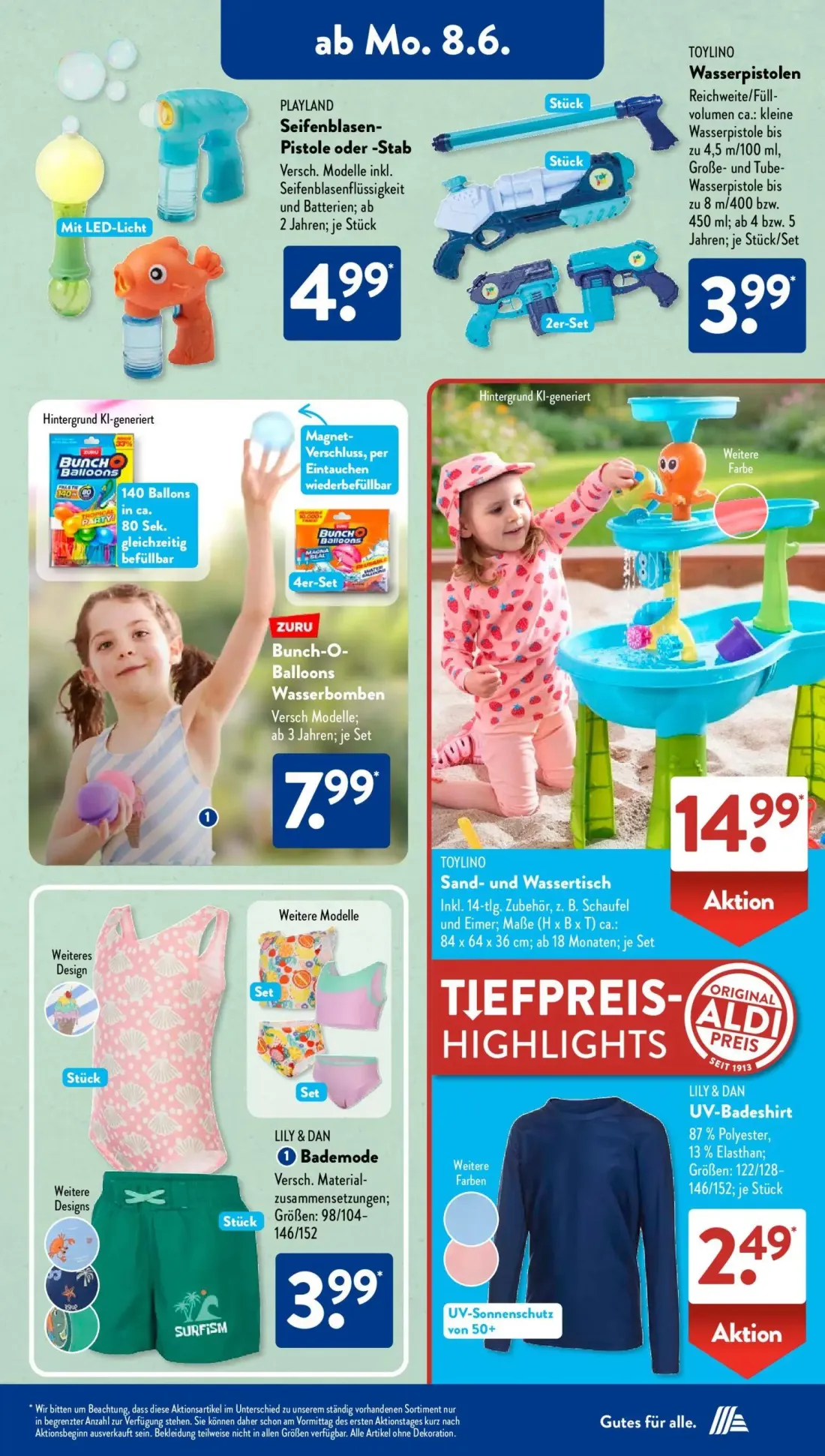 Aldi Süd Prospekt, Seite 4 von 24 — PLAYLAND Seifenblasen-Pistole oder -Stab, TOYLINO Wasserpistolen, ZURU Bunch-O-Balloons …