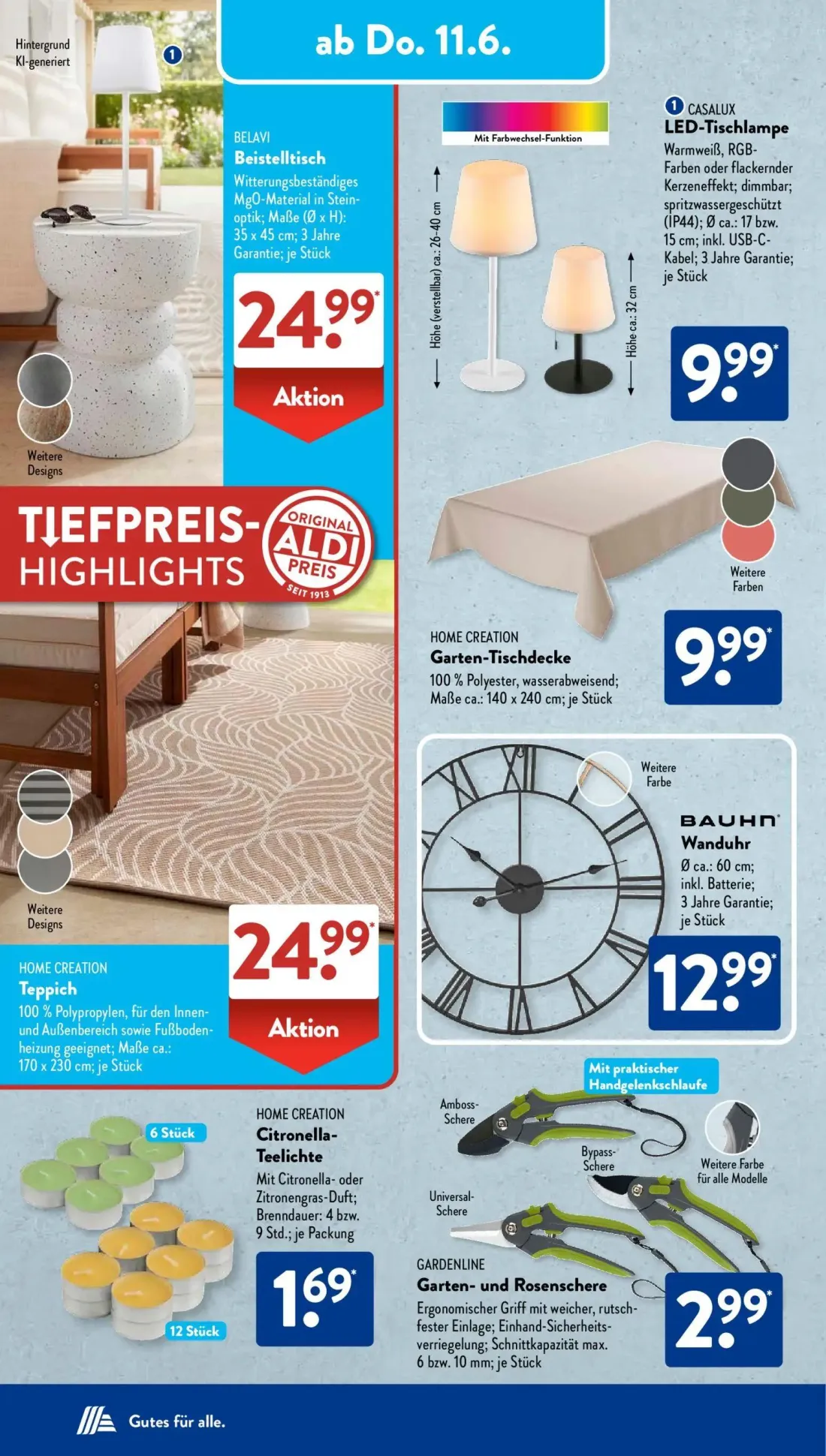 Aldi Süd Prospekt, Seite 7 von 24 — BELAVI Beistelltisch, CASALUX LED-Tischlampe, HOME CREATION Garten-Tischdecke