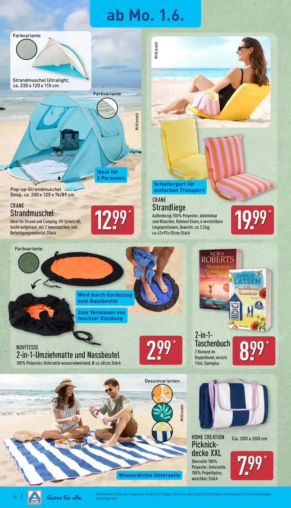 Aldi Nord Prospekt, Seite 16 von 37 — CRANE Strandmuschel, CRANE Strandliege, NOVITESSE 2-in-1-Umziehmatte und Nassbeutel