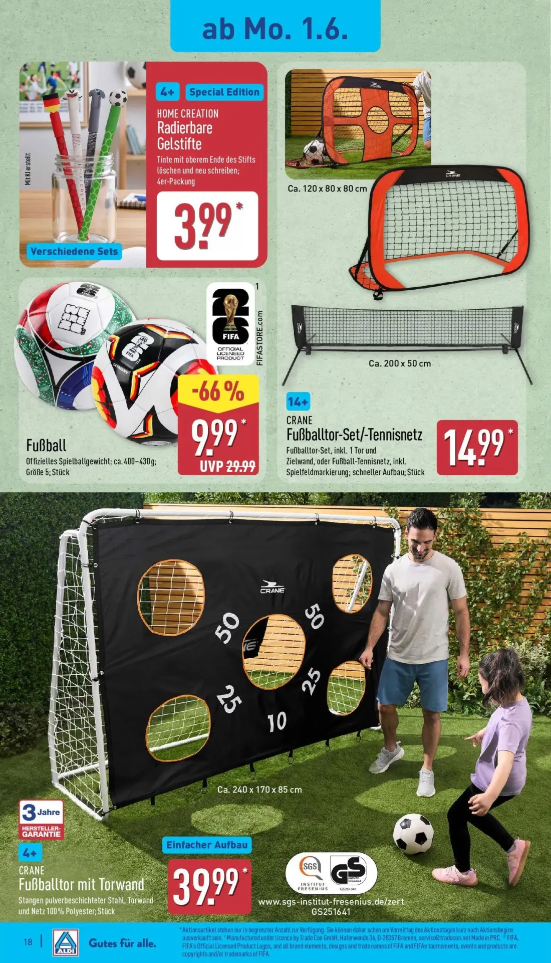 Aldi Nord Prospekt, Seite 18 von 37 — Fußball, Fußballtor-Set/-Tennisnetz, Fußballtor mit Torwand