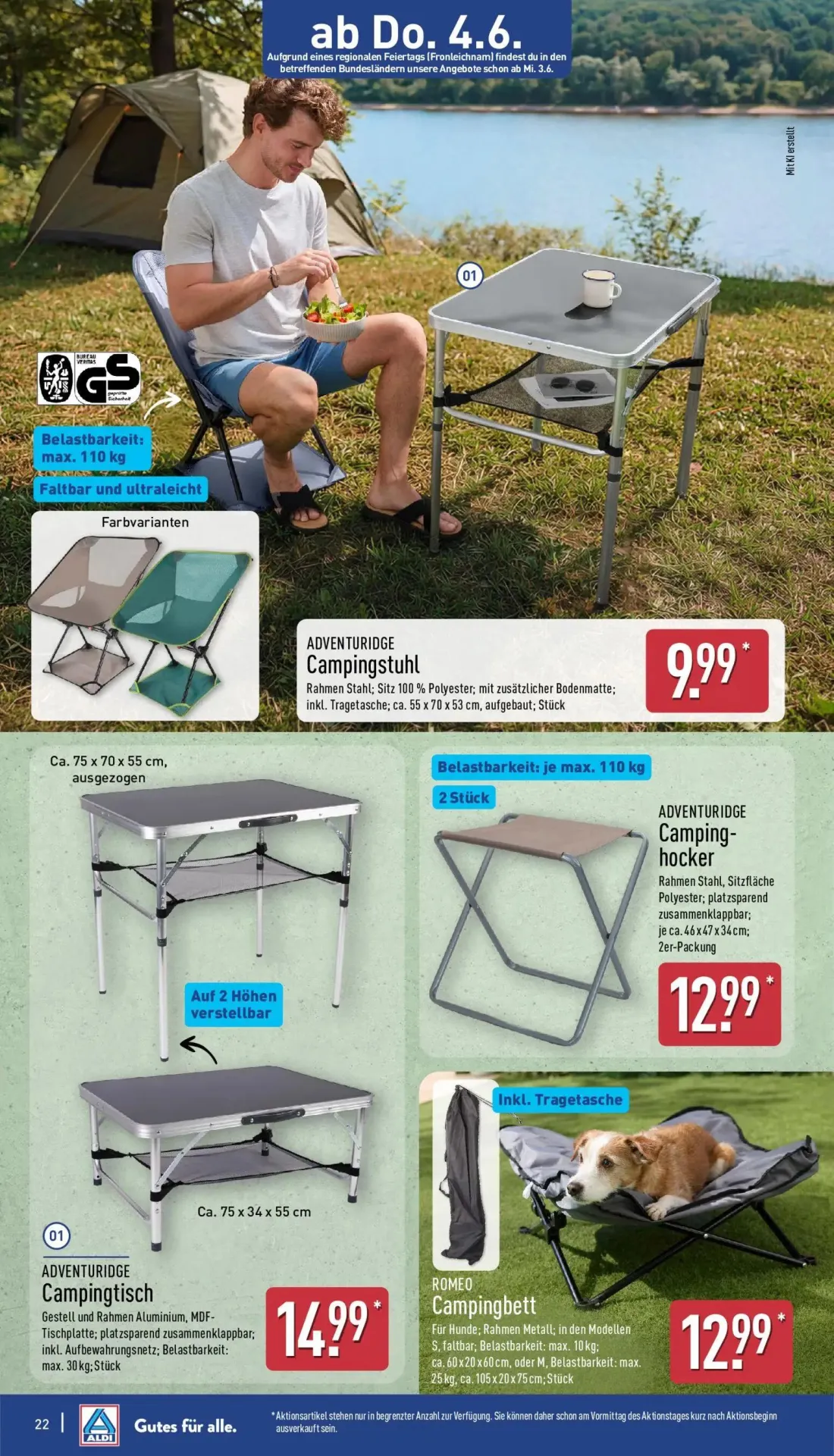 Aldi Nord Prospekt, Seite 22 von 37 — ADVENTURIDGE Campingstuhl, ADVENTURIDGE Campingtisch, ADVENTURIDGE Camping-hocker