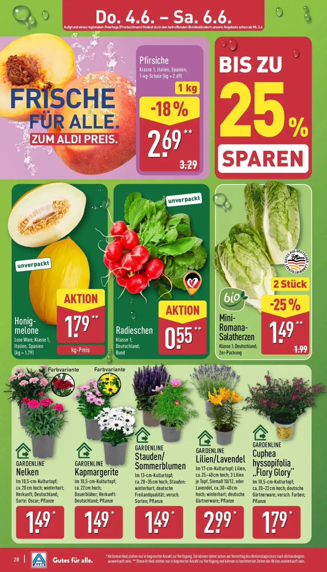 Aldi Nord Prospekt, Seite 28 von 37 — Pfirsiche, Mini-Romana-Salatherzen, Honigmelone