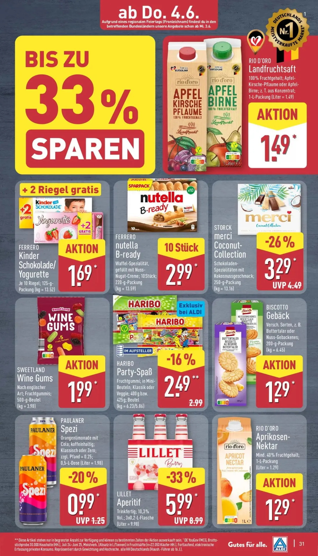 Aldi Nord Prospekt, Seite 31 von 37 — STORCK merci Coconut-Collection, HARIBO Party-Spaß Fruchtgummi, FERRERO Kinder Schokol…