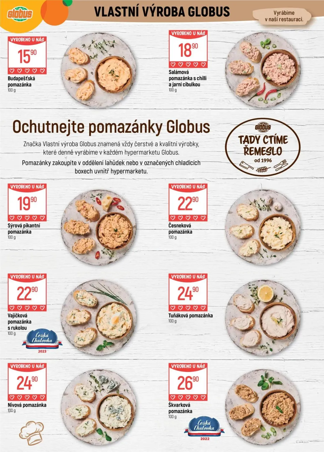 GLOBUS leták, strana 8 z 49 — Budapešťská pomazánka, Salámová pomazánka s chilli a jarní cibulkou, Sýrová pikantní pomazánka