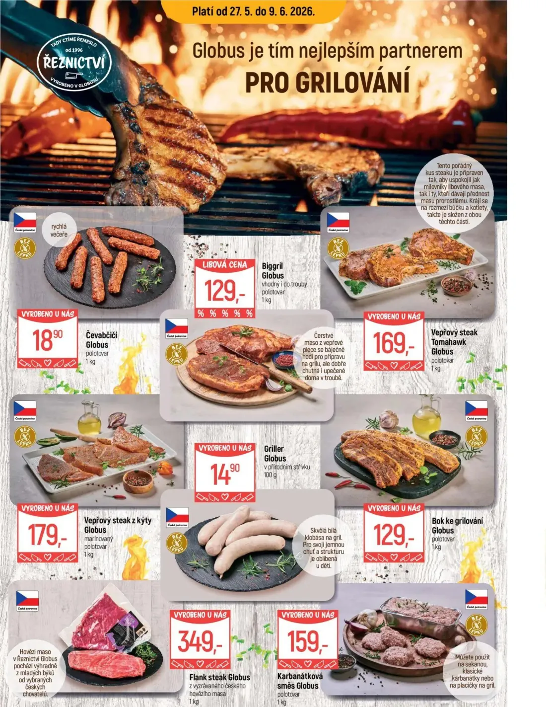 GLOBUS leták, strana 16 z 49 — Čevabčiči Globus, Biggril Globus, Vepřový steak Tomahawk Globus