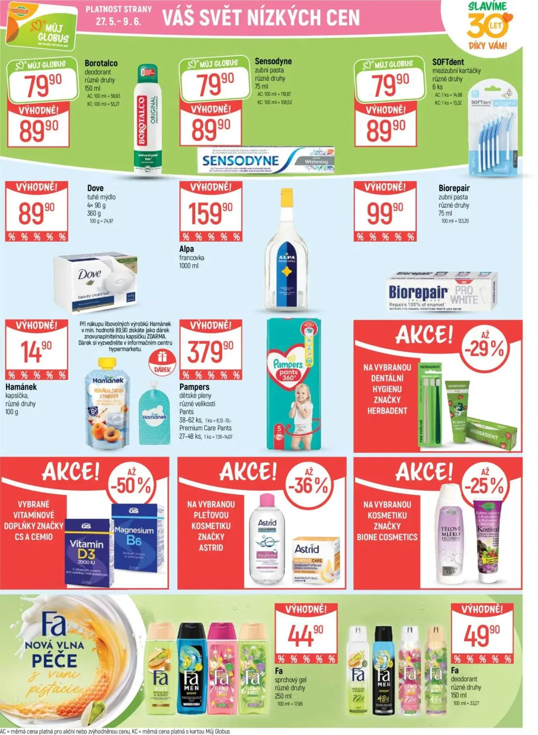 GLOBUS leták, strana 32 z 49 — Borotalco deodorant, Sensodyne zubní pasta, SOFTdent mezizubní kartáčky