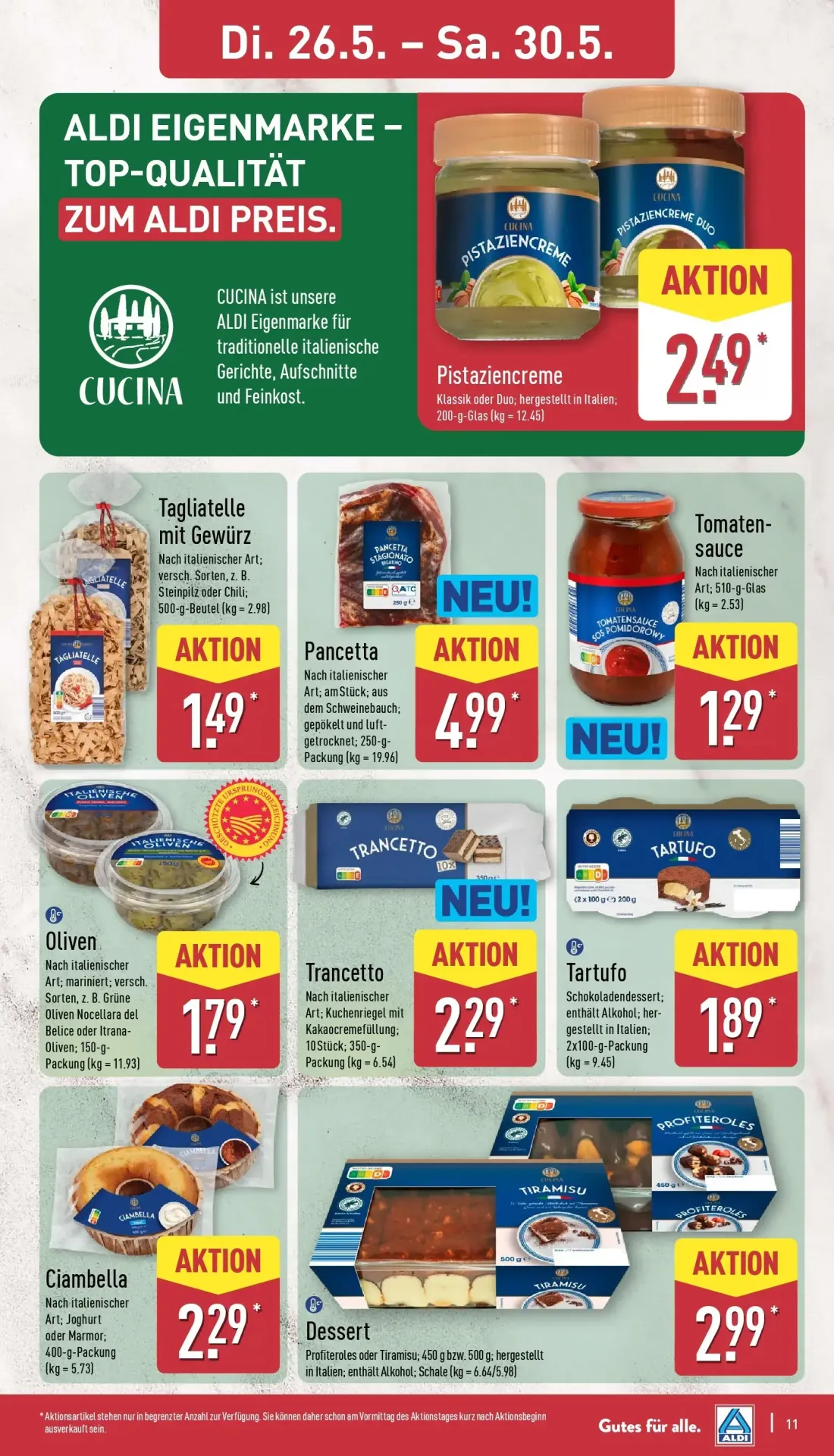 Aldi Nord Prospekt, Seite 11 von 42 — Pistaziencreme, Tagliatelle mit Gewürz, Pancetta