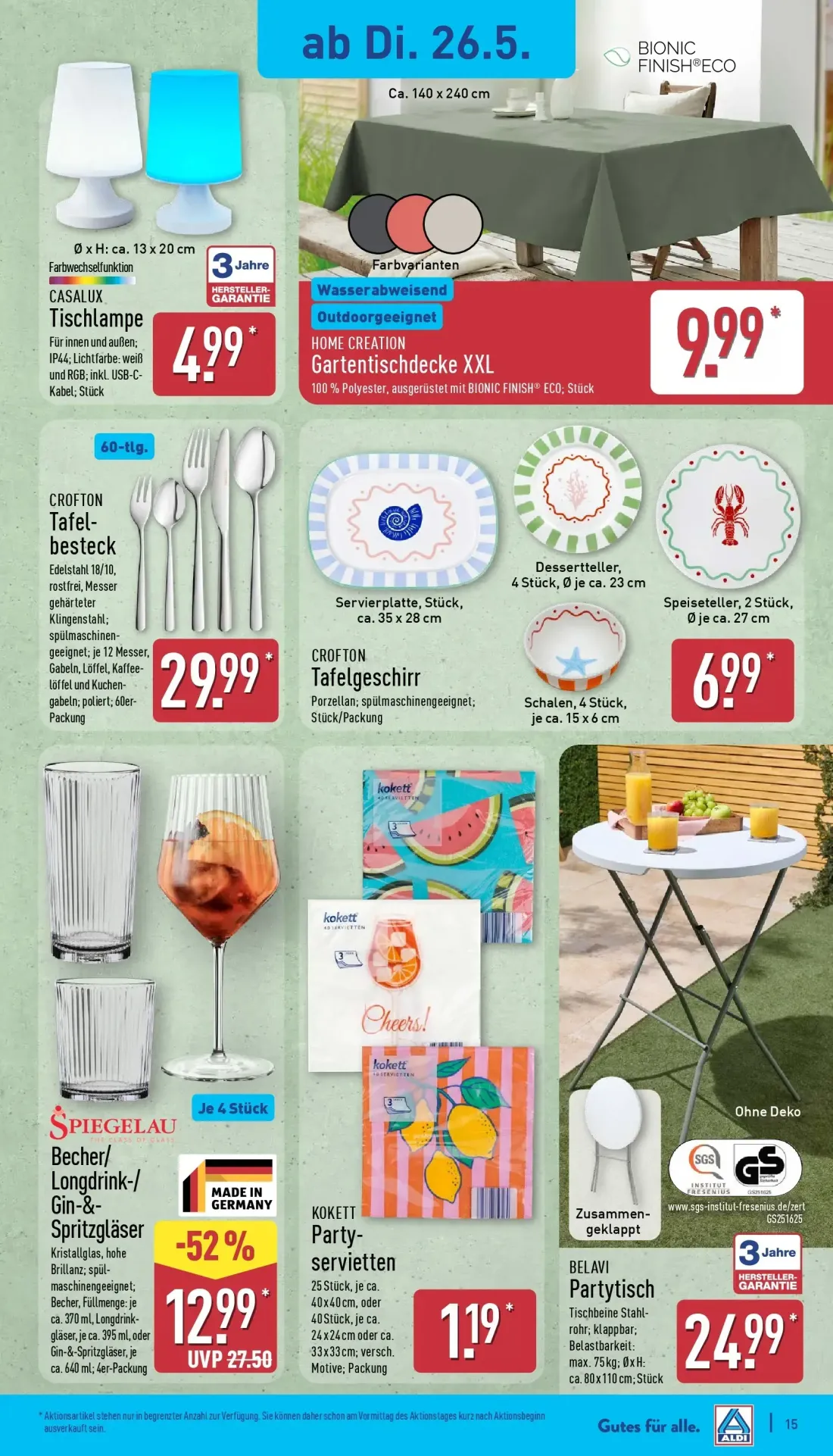 Aldi Nord Prospekt, Seite 15 von 42 — Becher/Longdrink-/Gin-&-Spritzgläser, Tischlampe, Gartentischdecke XXL