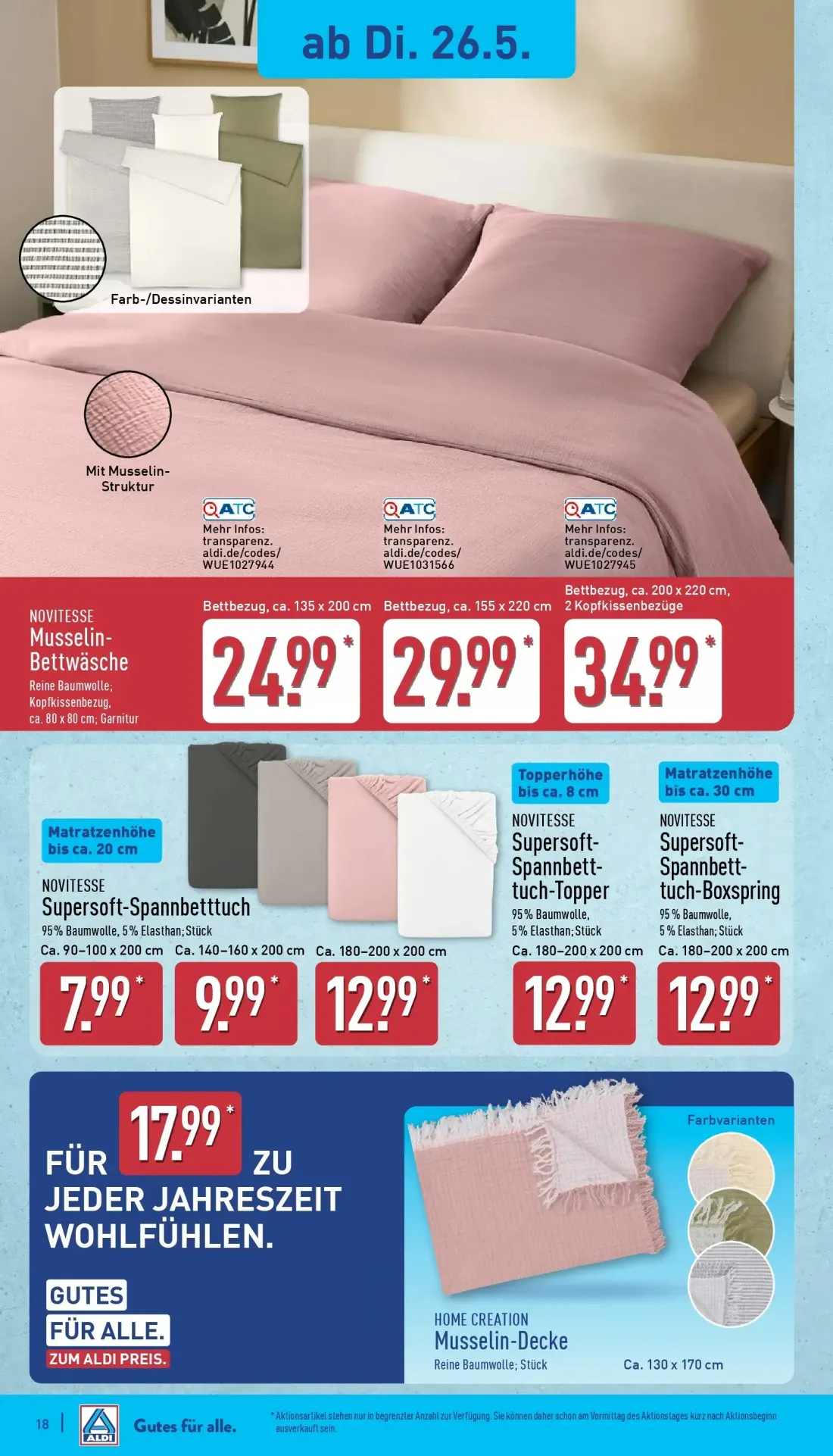 Aldi Nord Prospekt, Seite 18 von 42 — Musselin-Bettwäsche, Musselin-Decke