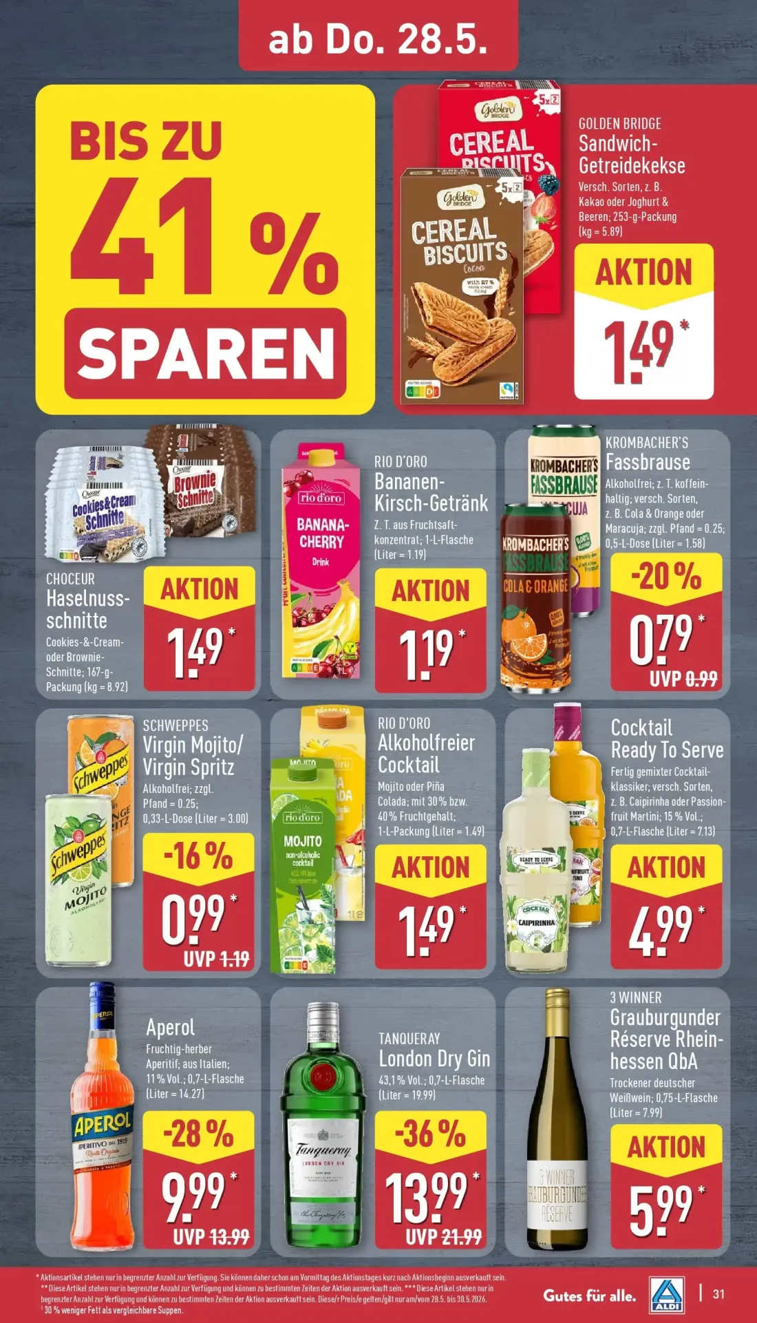 Aldi Nord Prospekt, Seite 31 von 42 — GOLDEN BRIDGE Sandwich-Getreidekekse, CHOCEUR Haselnuss-schnitte